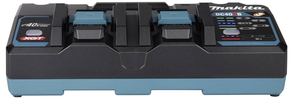 Duallader für Batterien mit der Bezeichnung 'Makita DC40RB', zeigt zwei Ladeschächte und Anzeigelampen für jede Batterie.