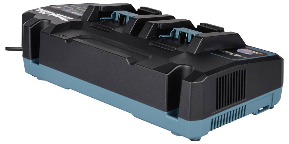 Ein schwarzer und türkisfarbener Akkuschacht-Ladegerät für Elektrowerkzeuge mit mehreren Anschlüssen, der entwickelt wurde, um mehrere Akkus gleichzeitig zu laden.