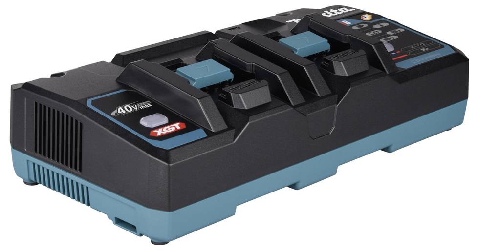 Ein schwarzer und türkisfarbener Dual-Batterieladegerät für 40V XGT Akkus. Er verfügt über zwei Ladeschächte und ein Bedienfeld zur Steuerung des Ladevorgangs.