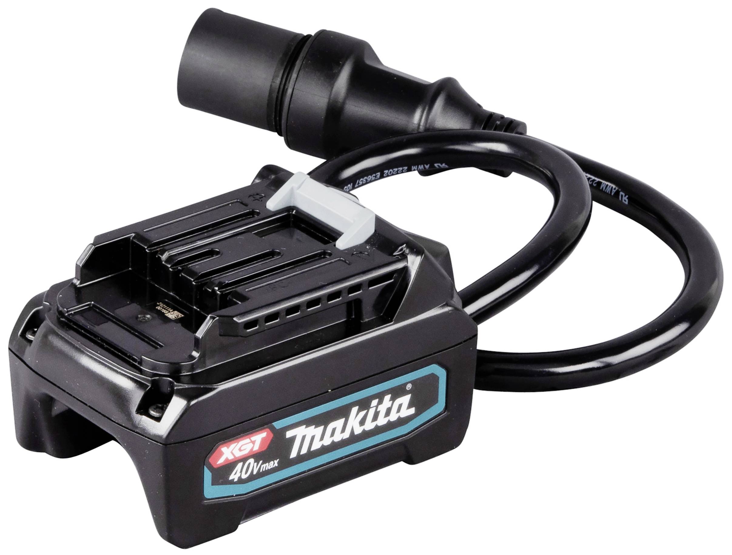 'Akkuladegerät von Makita, Modell XGT 40V max, mit Stromkabel. Schwarz, kompakt gestaltet für tragbare Werkzeuge. Label auf der Vorderseite.'