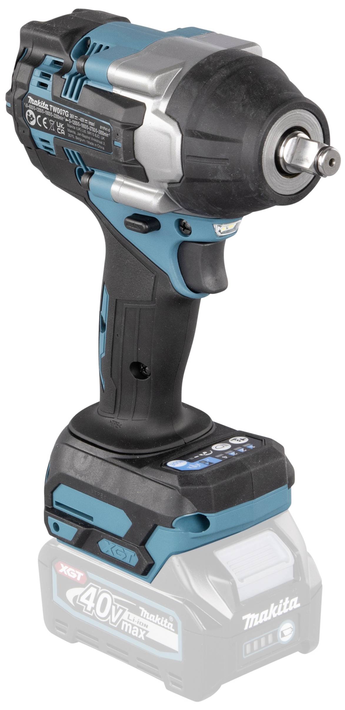 Ein blauer und schwarzer kabelloser Schlagschrauber der Marke Makita, Modell mit 40V Max Akku, ergonomisches Design und Griff.