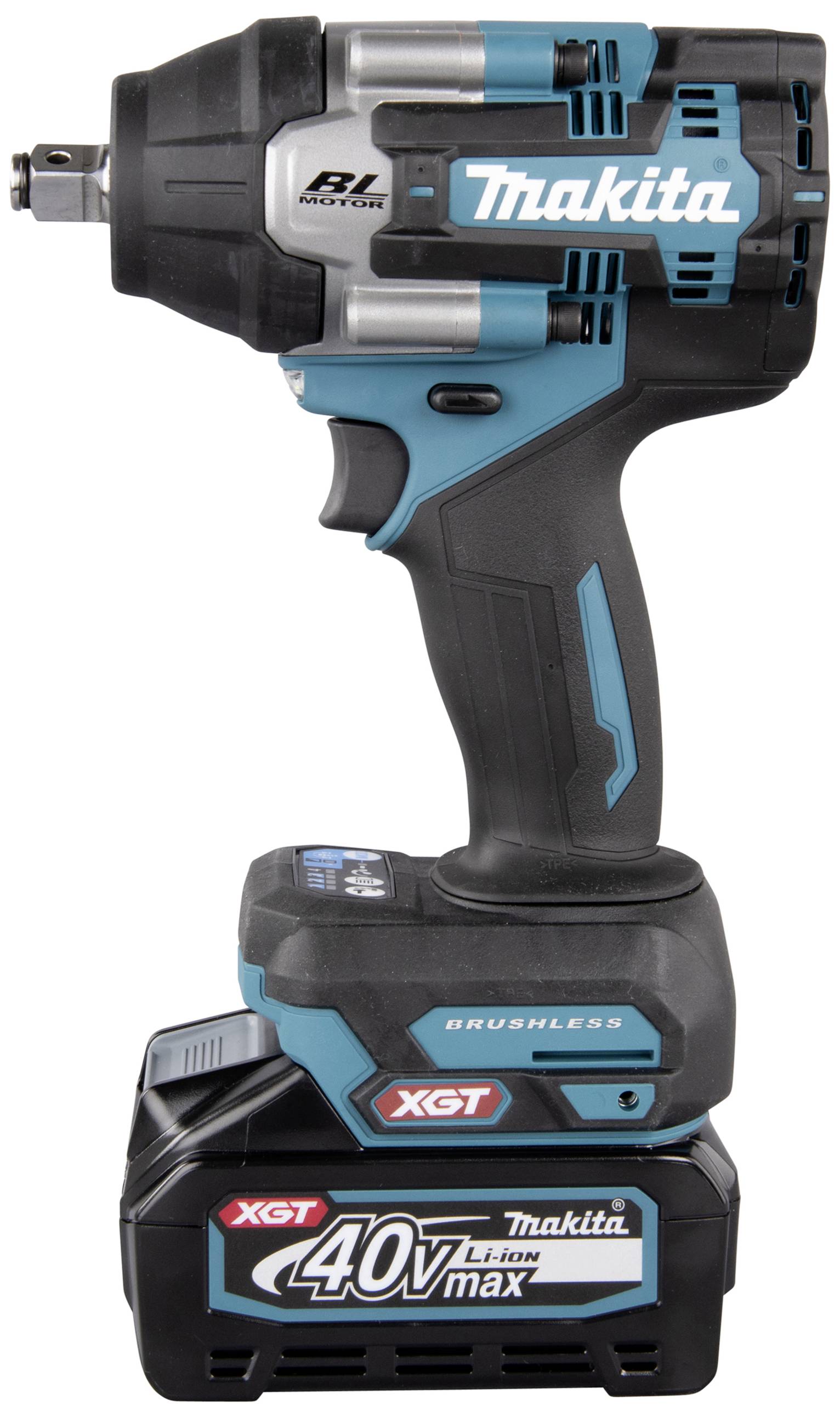 Ein kabelloser, leistungsstarker Schlagschrauber von Makita mit 40V-Akku, geeignet für schwere Schraubarbeiten im professionellen Bereich.