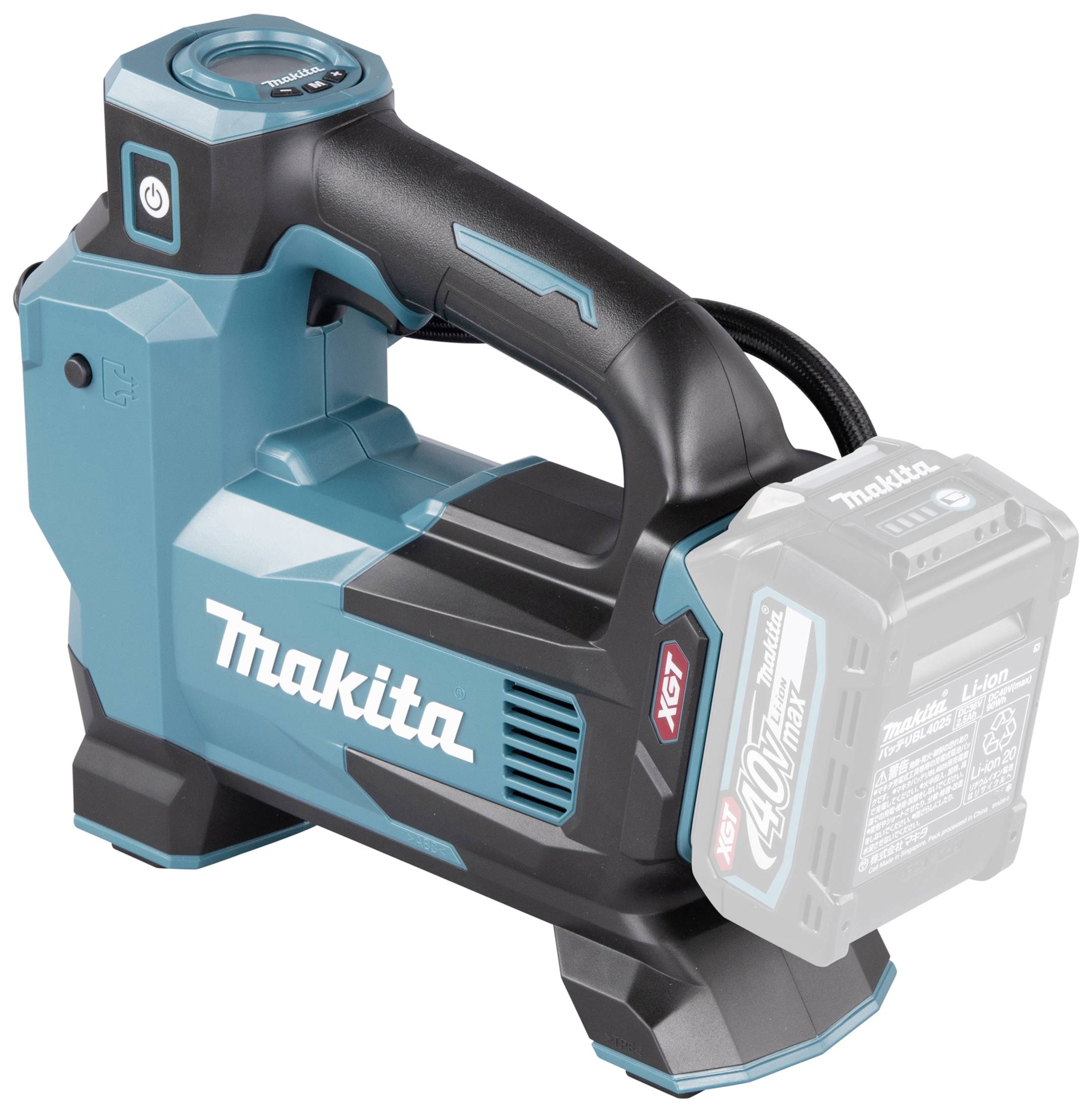 Akku-Luftkompressor von Makita mit ergonomischem Griff und Digitalanzeige, ideal für schnelles Aufpumpen von Reifen und Sportbällen.