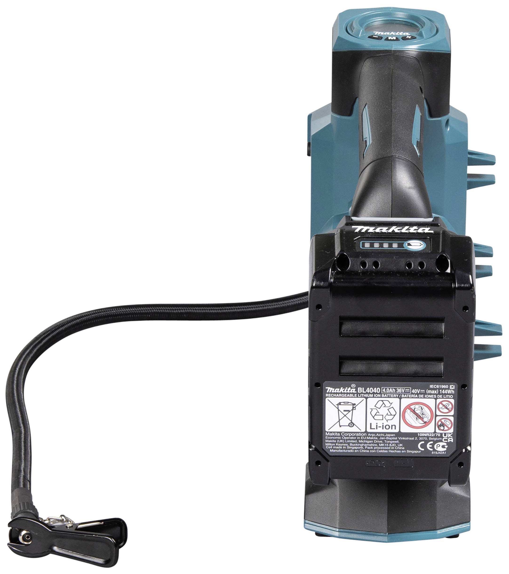 Kabelloser Bandschleifer in der Rückansicht mit Akku und Anschlusskabel, geeignet für Handwerkerarbeiten und Oberflächenbearbeitung.