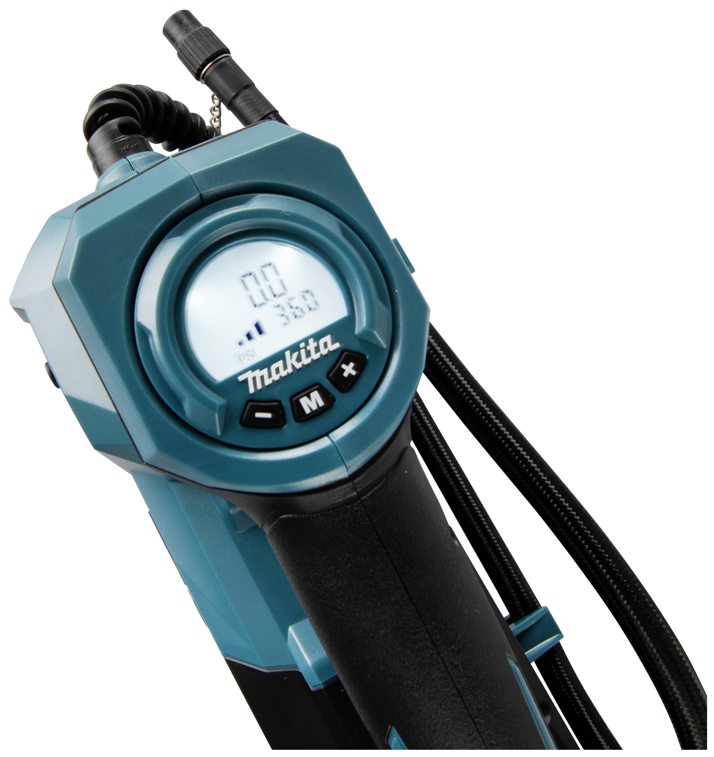 Ein blauer elektrischer Reifenfüller mit digitaler Anzeige, einem schwarzen Griff und einem Schlauch.