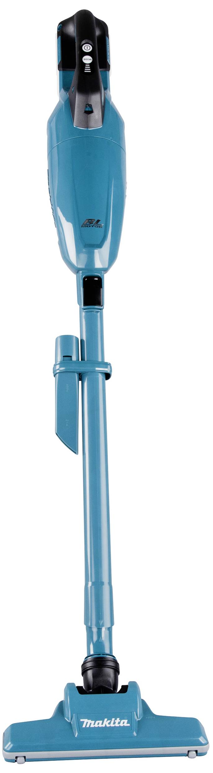 Kabelloser, blauer Staubsauger mit ergonomischem Griff und schlankem Design, steht vertikal. Geeignet für leichtere Reinigungsaufgaben.