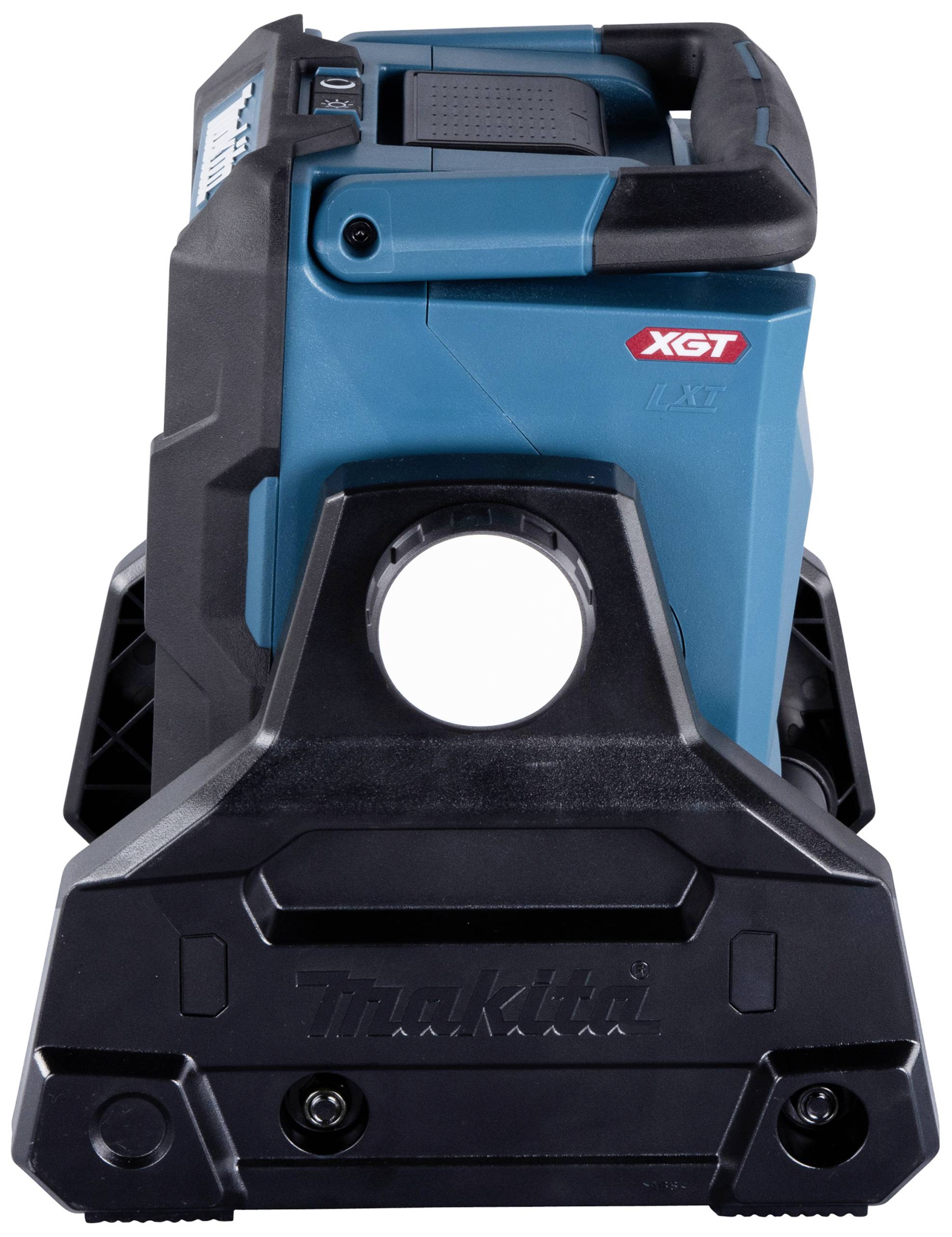 Ein blaues, tragbares Elektrogerät mit schwarzem Gehäuse und 'Makita' Schriftzug. Es hat einen Griff oben und eine große Öffnung vorne.