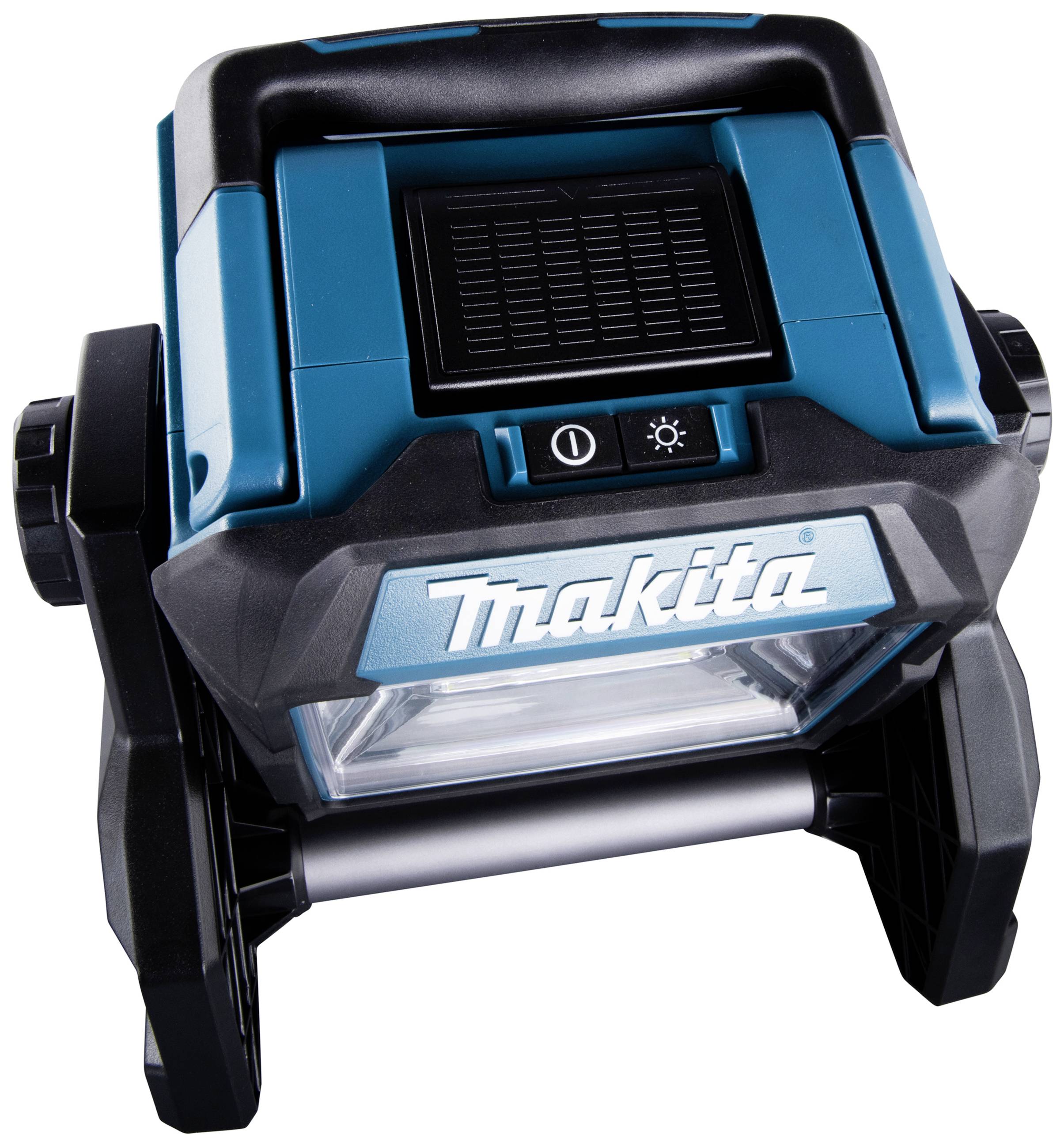 Tragbare, blau-schwarze LED-Arbeitsleuchte im Kunststoffgehäuse mit dem Markennamen 'Makita' auf der Vorderseite.