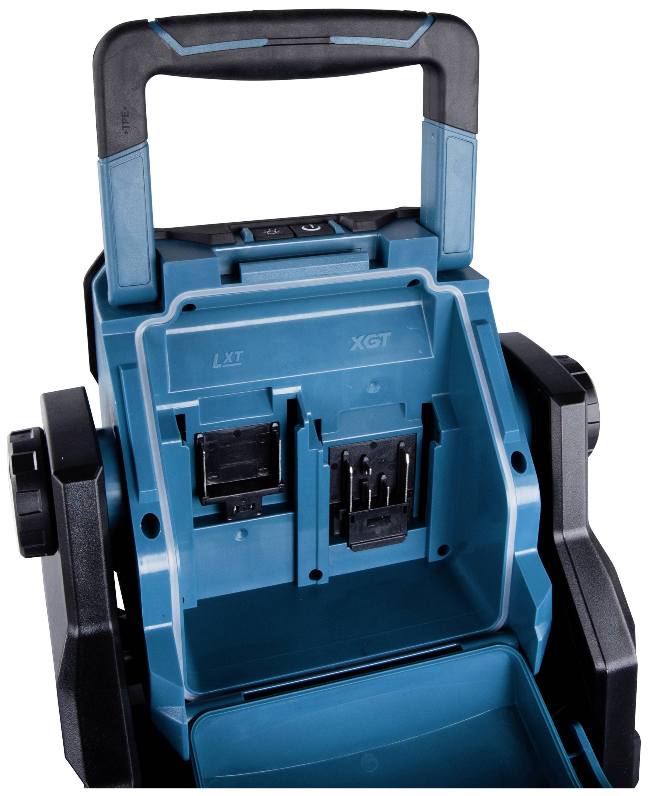 Ein Werkzeughalter aus Plastik und Metall mit Steckplätzen für Akkuwerkzeuge. Hauptsächlich in Türkis und Schwarz gehalten.