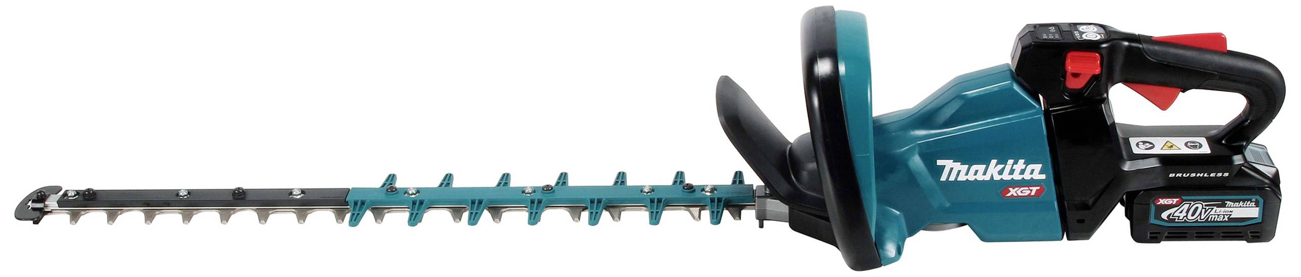 Elektrische Heckenschere in Blau mit schwarzem Griff, Marke 'Makita', mit langem Schneidmesser und wiederaufladbarem Akku.