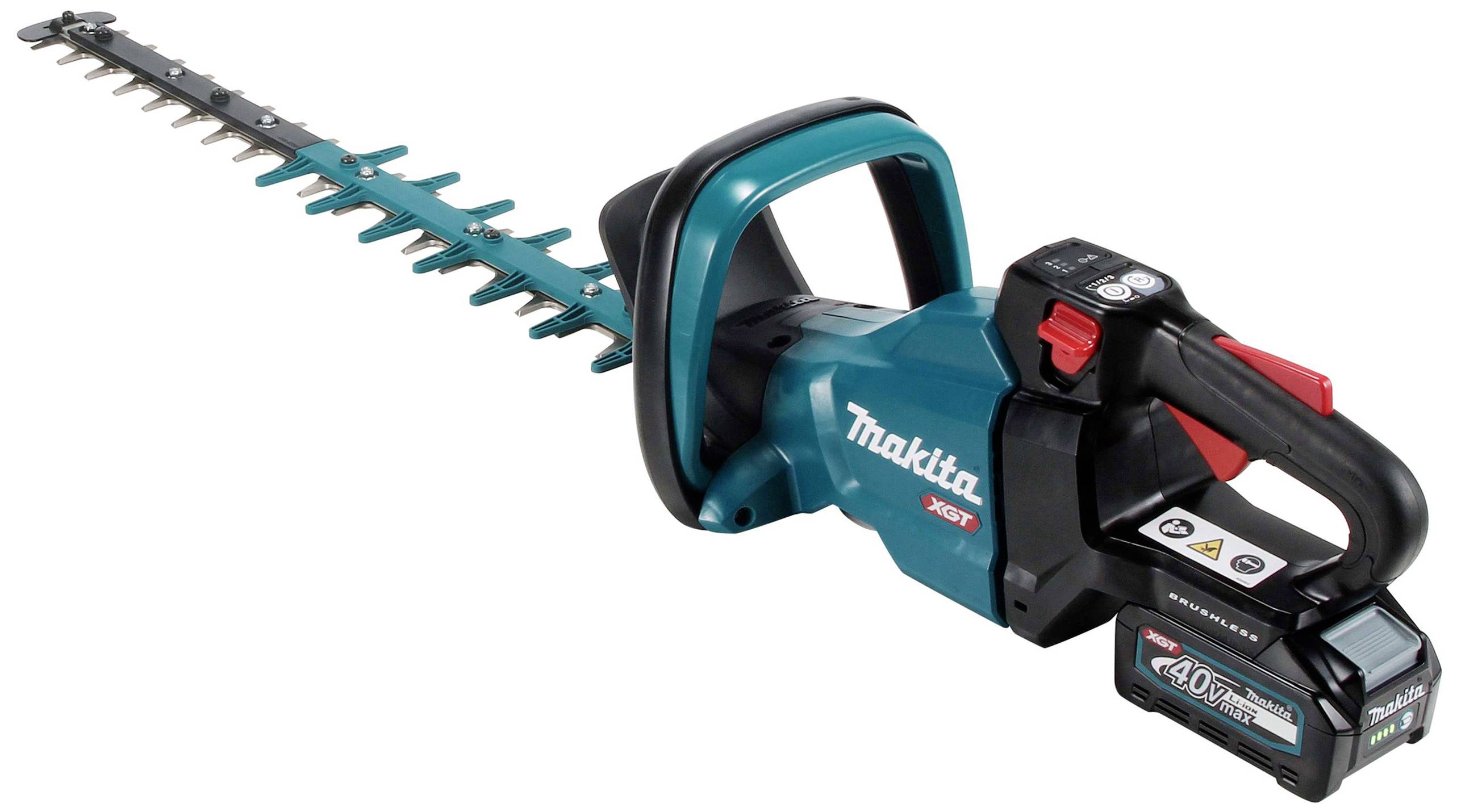 Kabellose Heckenschere mit grünem Gehäuse und schwarzem Griff mit rotem Schalter. Markiert mit 'Makita' und '40V Max'.