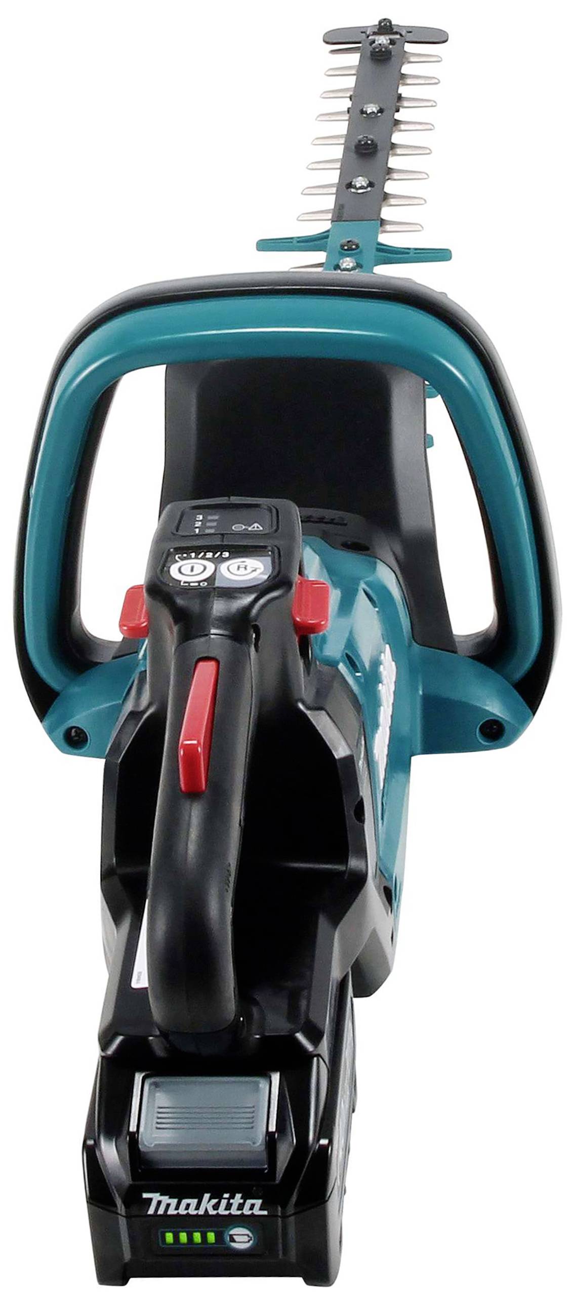 Grüne und schwarze elektrische Heckenschere mit ergonomischem Griff und silberner Klinge, Ansicht von vorne.