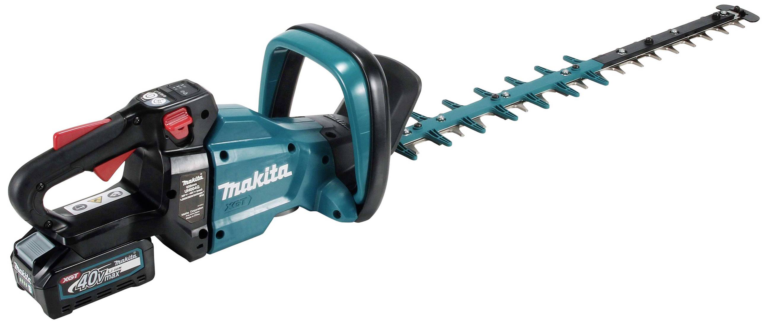 Akkubetriebene Makita-Heckenschere mit langem, gezacktem Schneideblatt und ergonomischem Griffdesign.