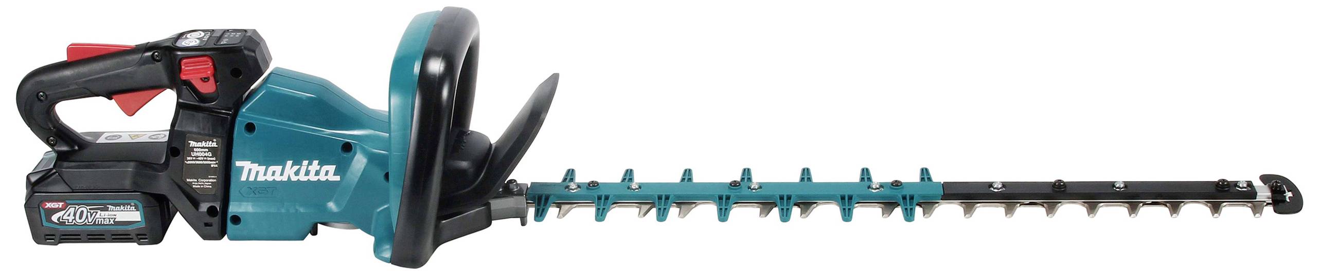 Eine grün-schwarze elektrische Heckenschere liegt horizontal. Sie hat einen langen, gezackten Schneidaufsatz und einen ergonomischen Griff.