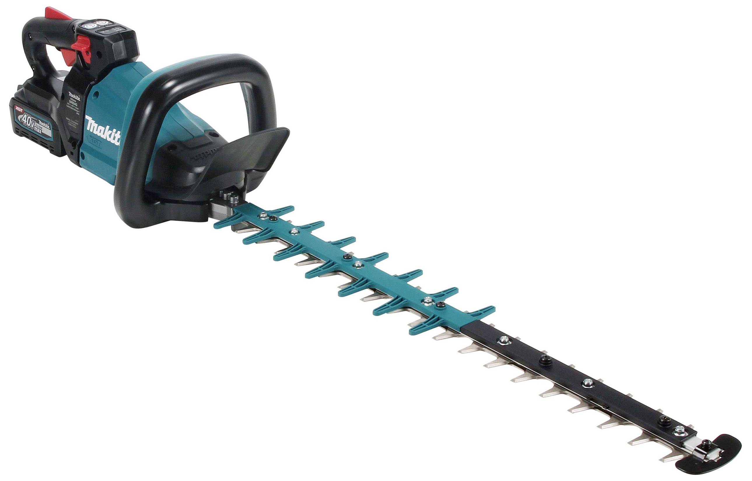 Elektrische Heckenschere, blau und schwarz, mit langem, gezacktem Schneideblatt und ergonomischem Griff für Gartenarbeit.