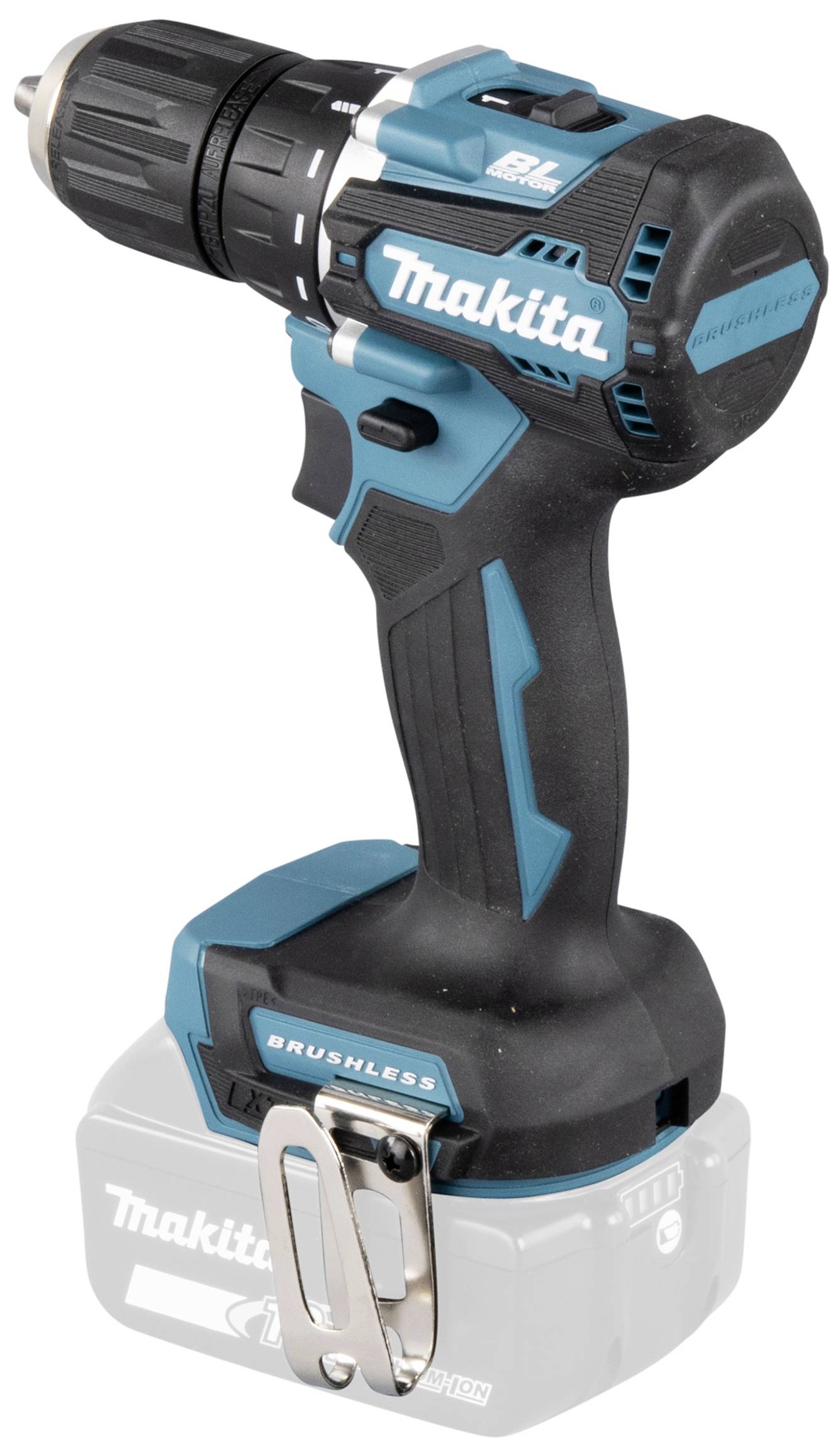 Kabelloser Makita-Bohrschrauber in Schwarz und Blau mit grauem Akku am Fuß. Ideal für Heimwerken und professionelle Bauprojekte.