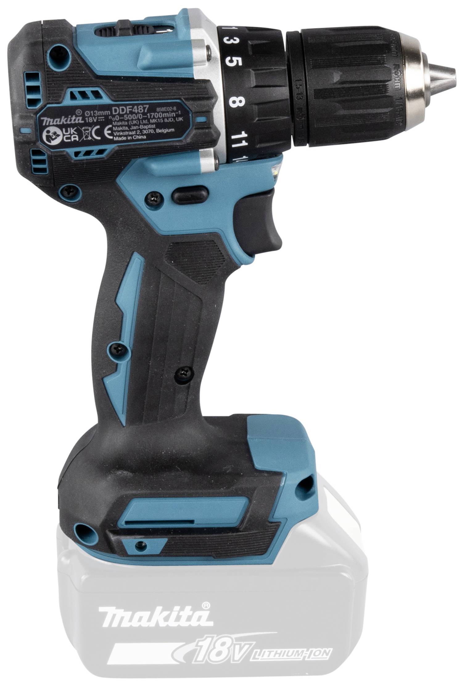 'Akkubohrmaschine mit blau-schwarzem Gehäuse, seitliche Sicht, größtenteils kompakt, 18V Li-Ion Akku angezeigt, keine Batterie eingesetzt.'