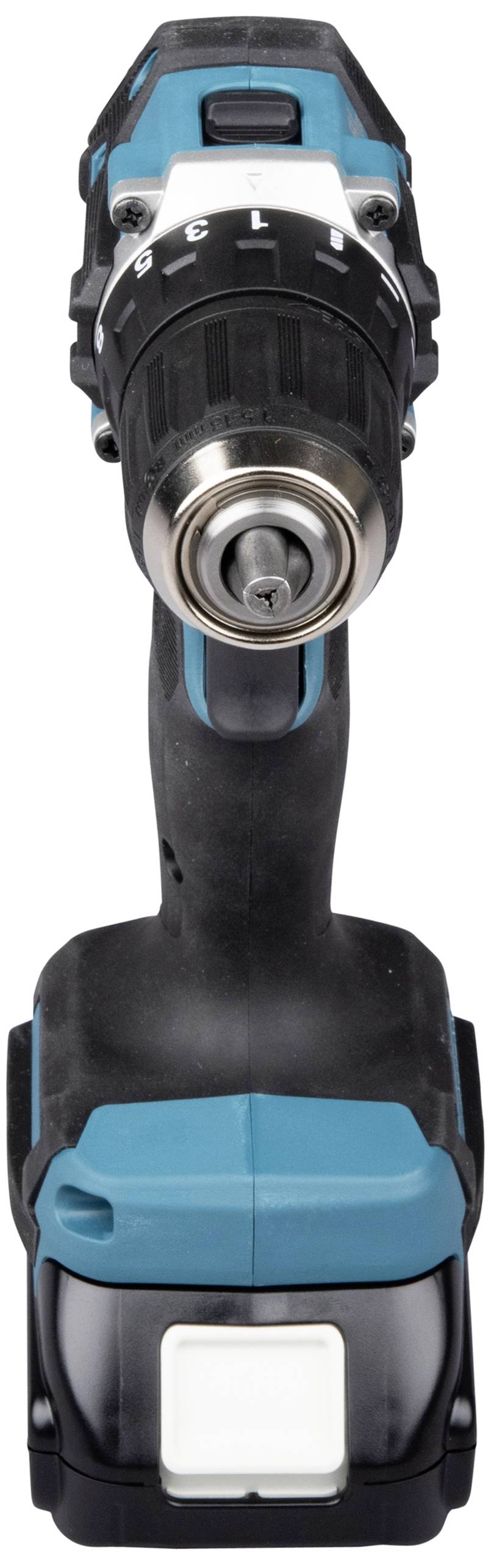 Ein kabelloser Bohrschrauber mit blau-schwarzem Gehäuse. Die Vorderseite zeigt das Bohrfutter, in das ein Bohrer eingesetzt werden kann.