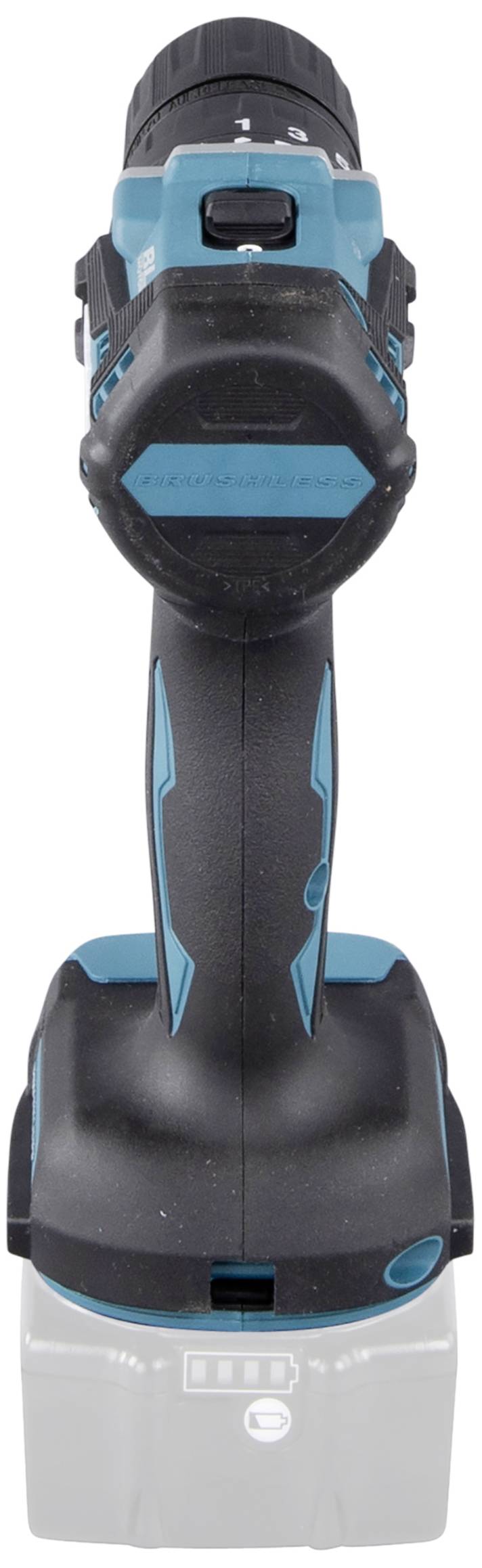 Ein schwarzer und blauer Akku-Bohrschrauber, Ansicht von vorne. Oben ist das Bohrfutter, unten der Platz für den Akku.