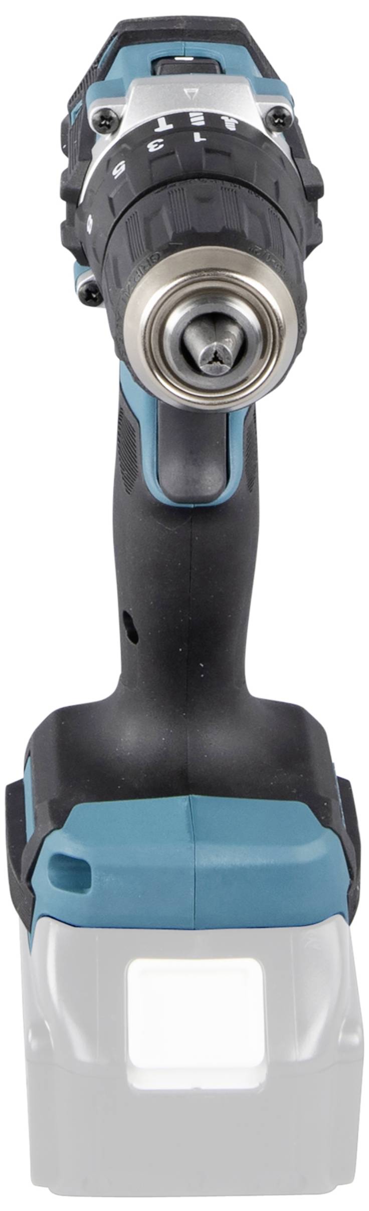 Blauer und schwarzer kabelloser Bohrschrauber ohne Akku, frontal. Ideal für Heimwerkerarbeiten.