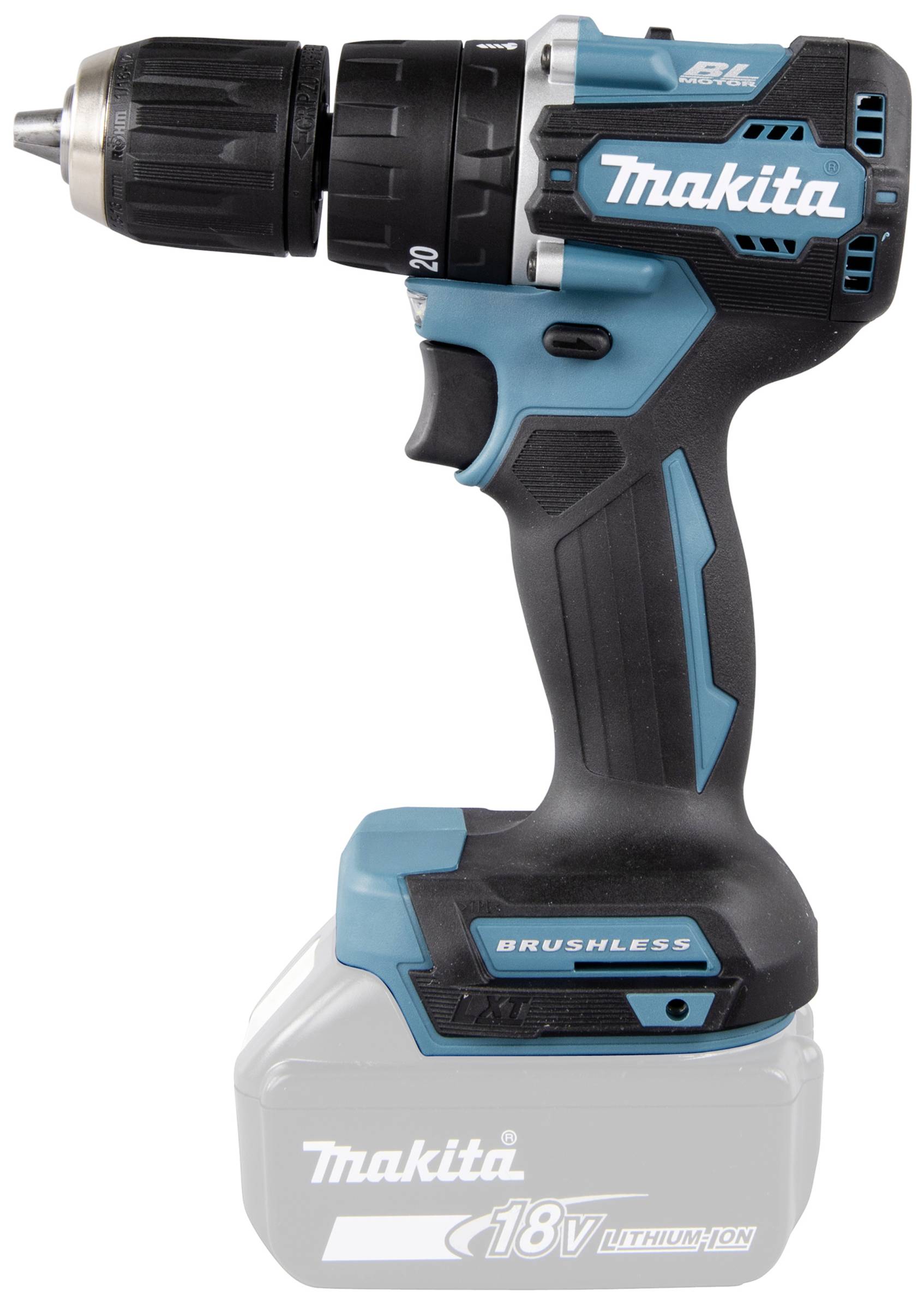 Ein kabelloser Akkuschrauber der Marke Makita, 18V, mit Brushless-Motor, in Blau und Schwarz, für effizientes Bohren und Schrauben.