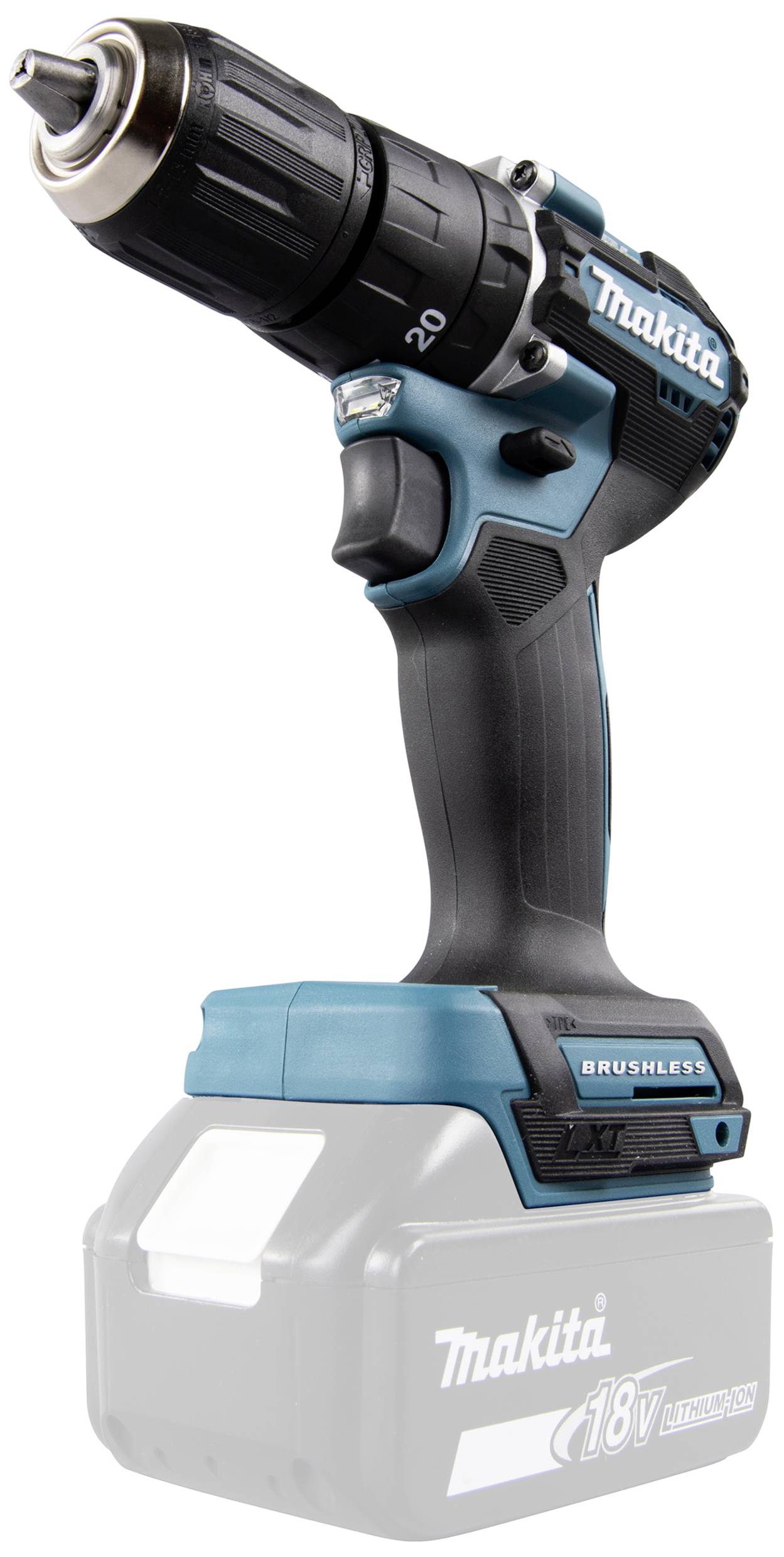 Akkubohrmaschine mit blau-schwarzem Gehäuse und aufgestecktem Akku. Marke 'Makita', 18V. Verwendet zum Bohren und Schrauben.