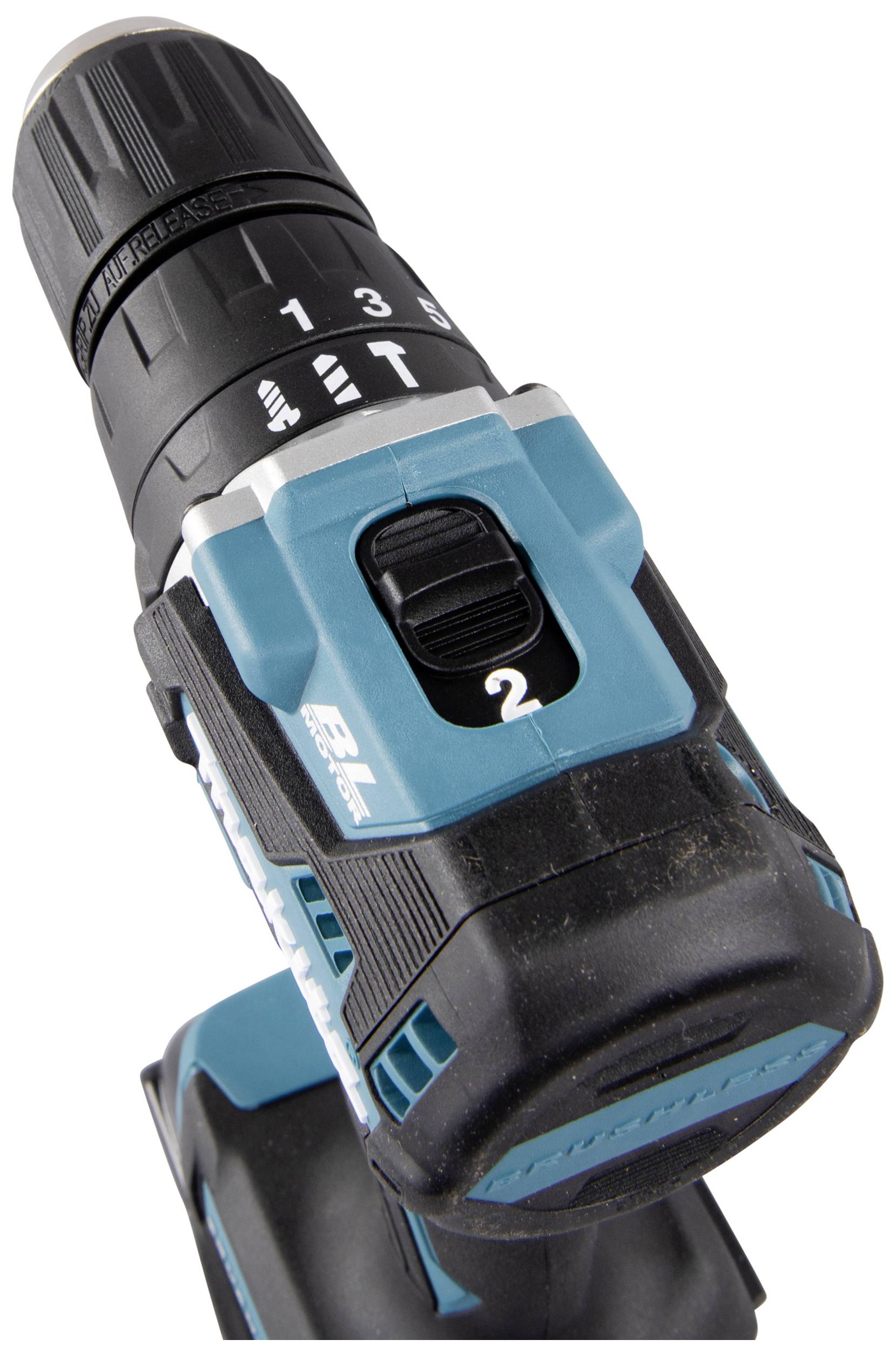 Kabellose Bohrmaschine in Nahaufnahme, zeigt die Einstellung für Bohrmodi und Drehmoment auf der Oberseite des Werkzeugs.