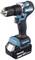 Akkubohrer, blau-schwarz mit ergonomischem Griff und 18V Lithium-Ionen-Akku. Markennamen und Motordetails sind sichtbar.