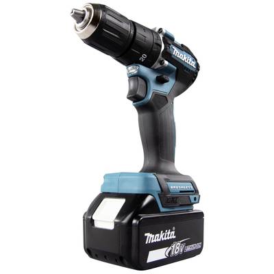Ein kabelloser Akkubohrschrauber mit 18V, schwarz-blau, von der Marke Makita. Verwendet für Heimwerkerarbeiten und Bauprojekte.