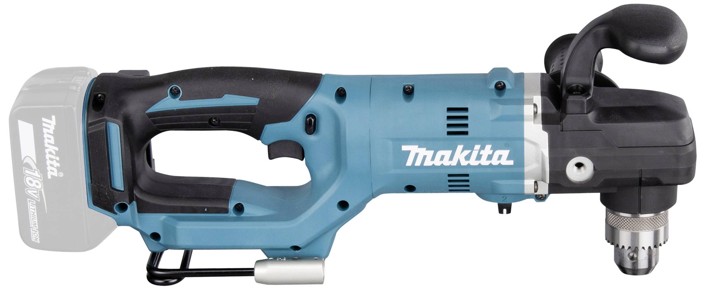 Bohrmaschine in Blau mit ergonomischem Griff und austauschbarem Akkupack, auf einer hellen Oberfläche liegend.