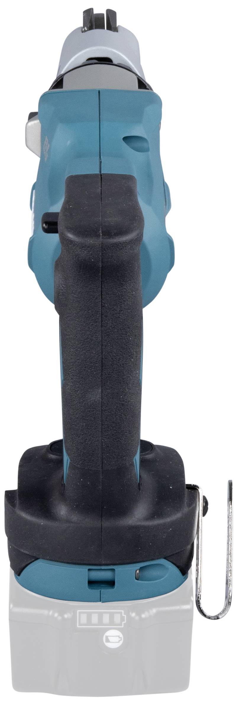 Ein blau-schwarzer Akkuschrauber mit ergonomischem Griff, von vorne gesehen. Augenmerk liegt auf der kompakten Bauform.