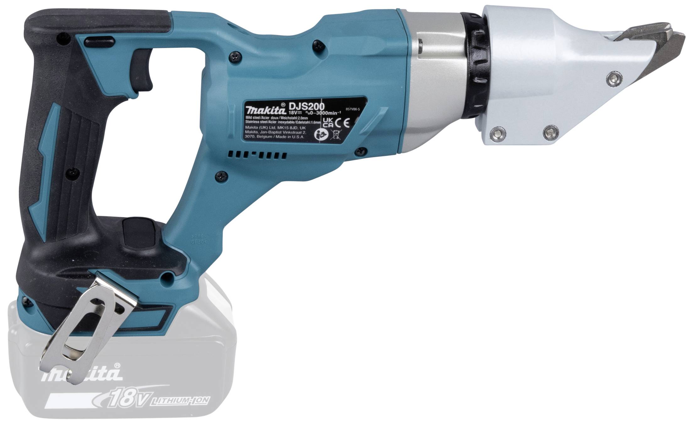 Elektrische Blechschere mit einem blauen Gehäuse, geeignet zum Schneiden von Metall, mit ergonomischem Griff und Akku.