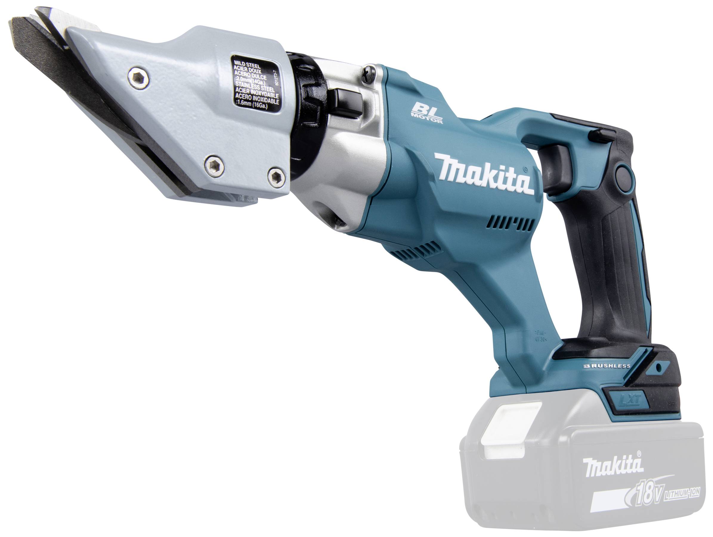 Kabelloses Elektrowerkzeug von Makita mit Schneidaufsatz. Blaues Gehäuse und ergonomischer Griff. Geeignet für präzises Schneiden.