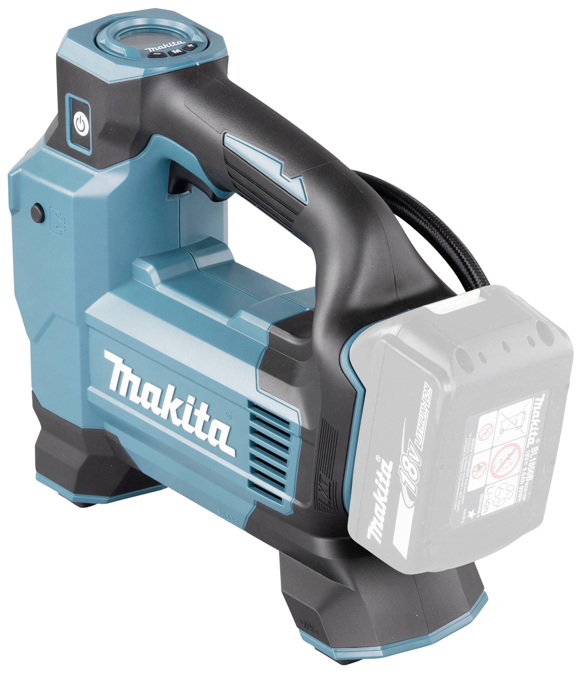 Tragbarer, akkubetriebener Luftkompressor von Makita in Blau und Schwarz, geeignet für Reifen und Bälle.