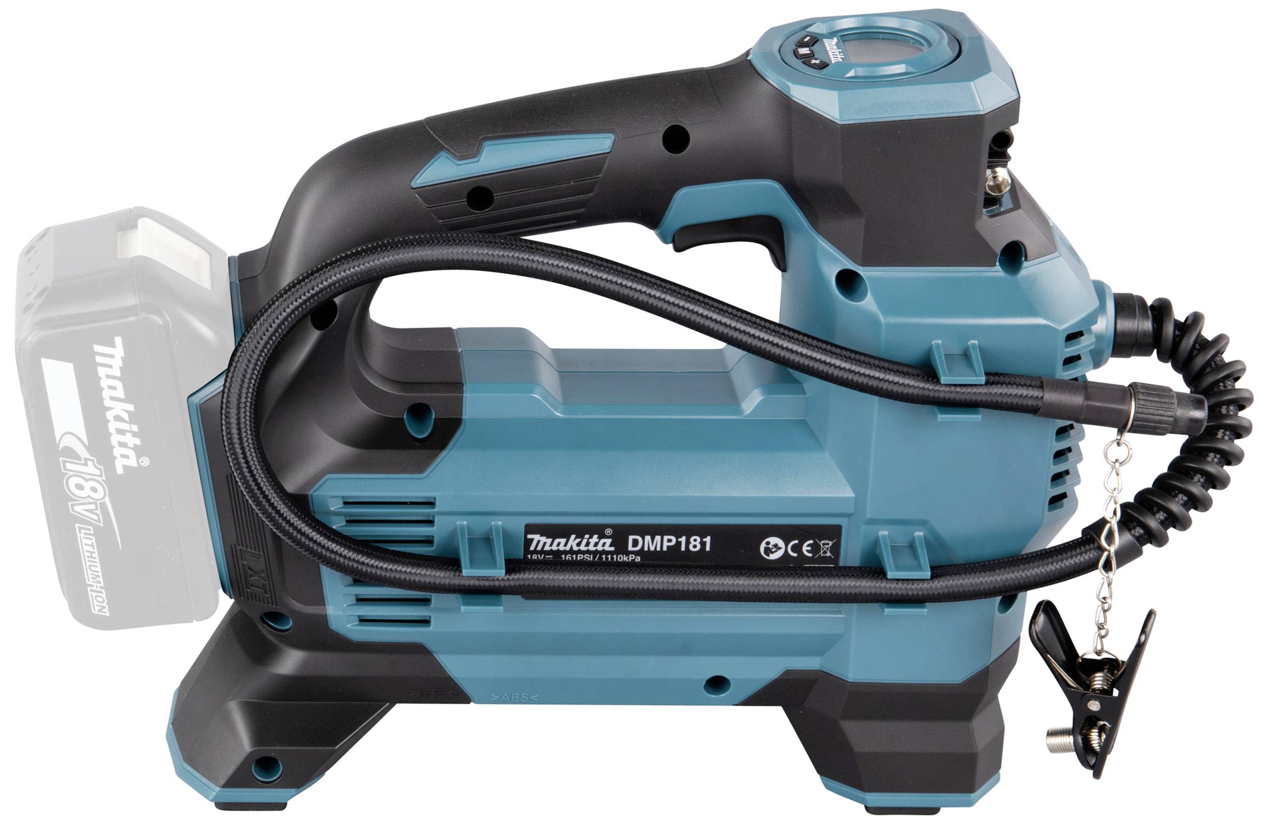 Ein tragbarer Akku-Kompressor in Blau und Schwarz, Modell 'Makita DMP181', mit Ladeanschluss und Druckeinstellrad.