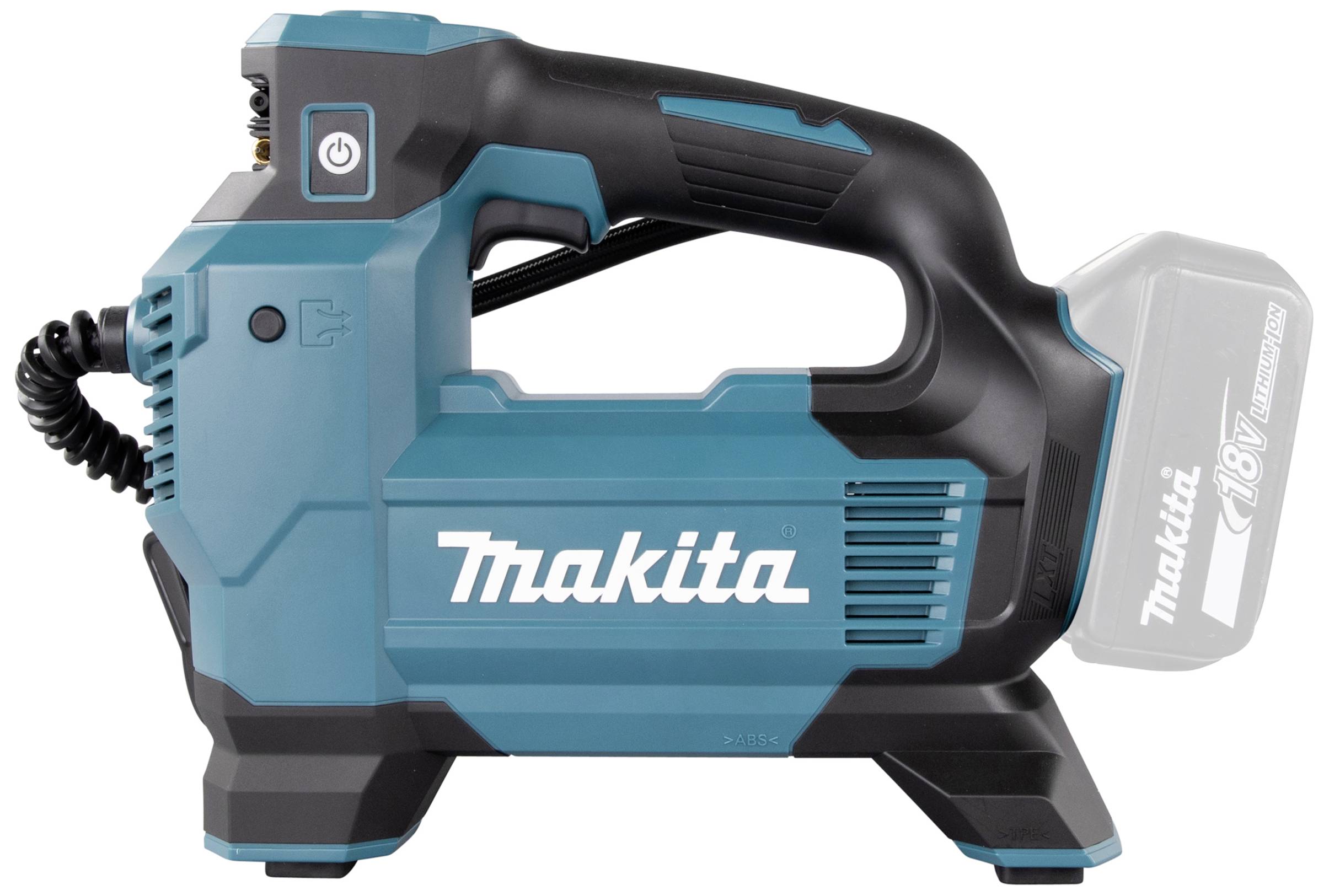 Tragbarer, kabelloser Makita Luftkompressor, blau-schwarz, für 18V Akkus, mit ergonomischem Griff und LED-Anzeige.