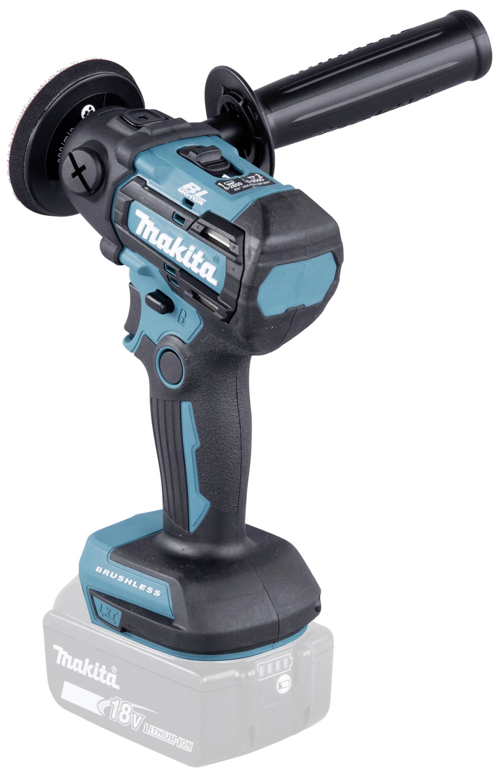 Ein kabelloser Winkelschleifer mit blau-schwarzem Gehäuse, Griff und abnehmbarem Akku, geeignet für Bau- und Renovierungsarbeiten.