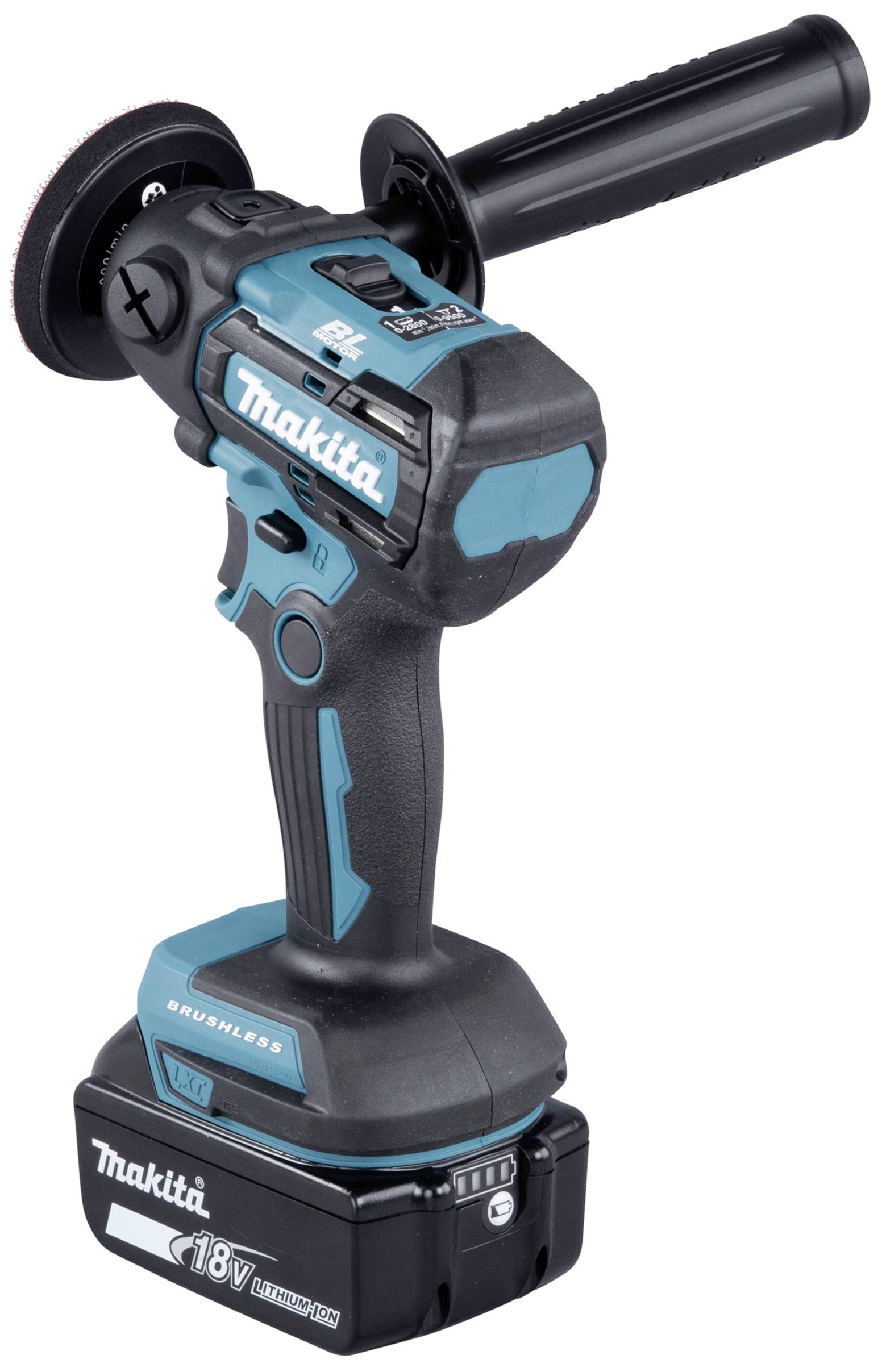 Akkuschrauber von Makita, Modell mit 18V Lithium-Ionen-Akku. Ergonomischer Griff, blau-schwarz, mit zusätzlichem Griff für Stabilität.