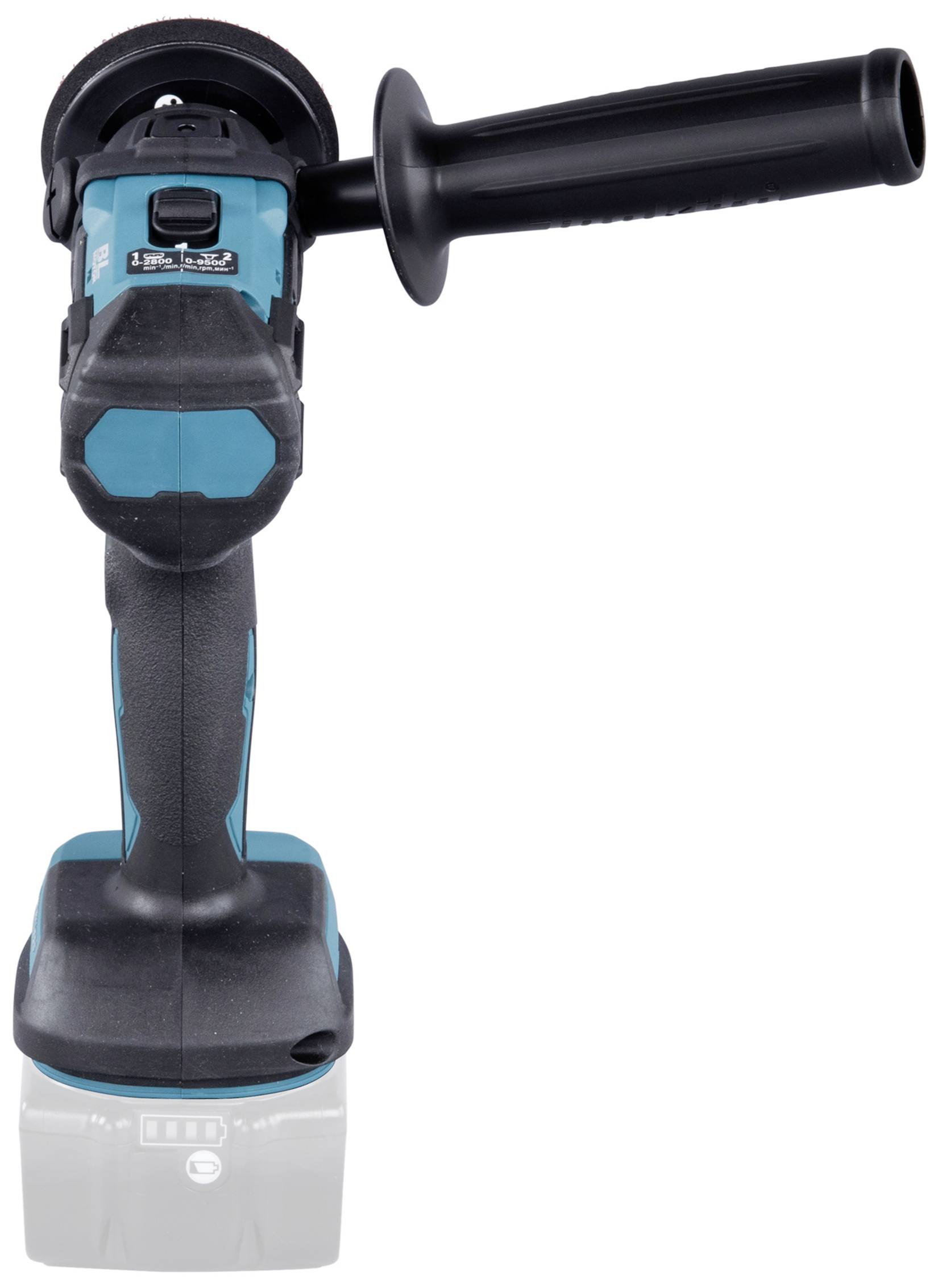 Akku-Winkelschleifer mit seitlichem Griff, blau-schwarz, frontal abgebildet. Ideal für tragbare Schleifarbeiten.