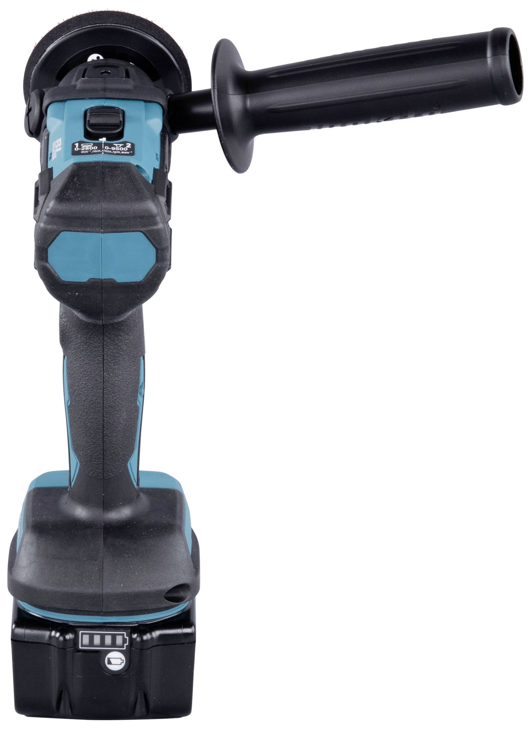 Kabelloser Winkelschleifer mit ergonomischem Griff und seitlichem Zusatzgriff, zum Schleifen von Materialien.