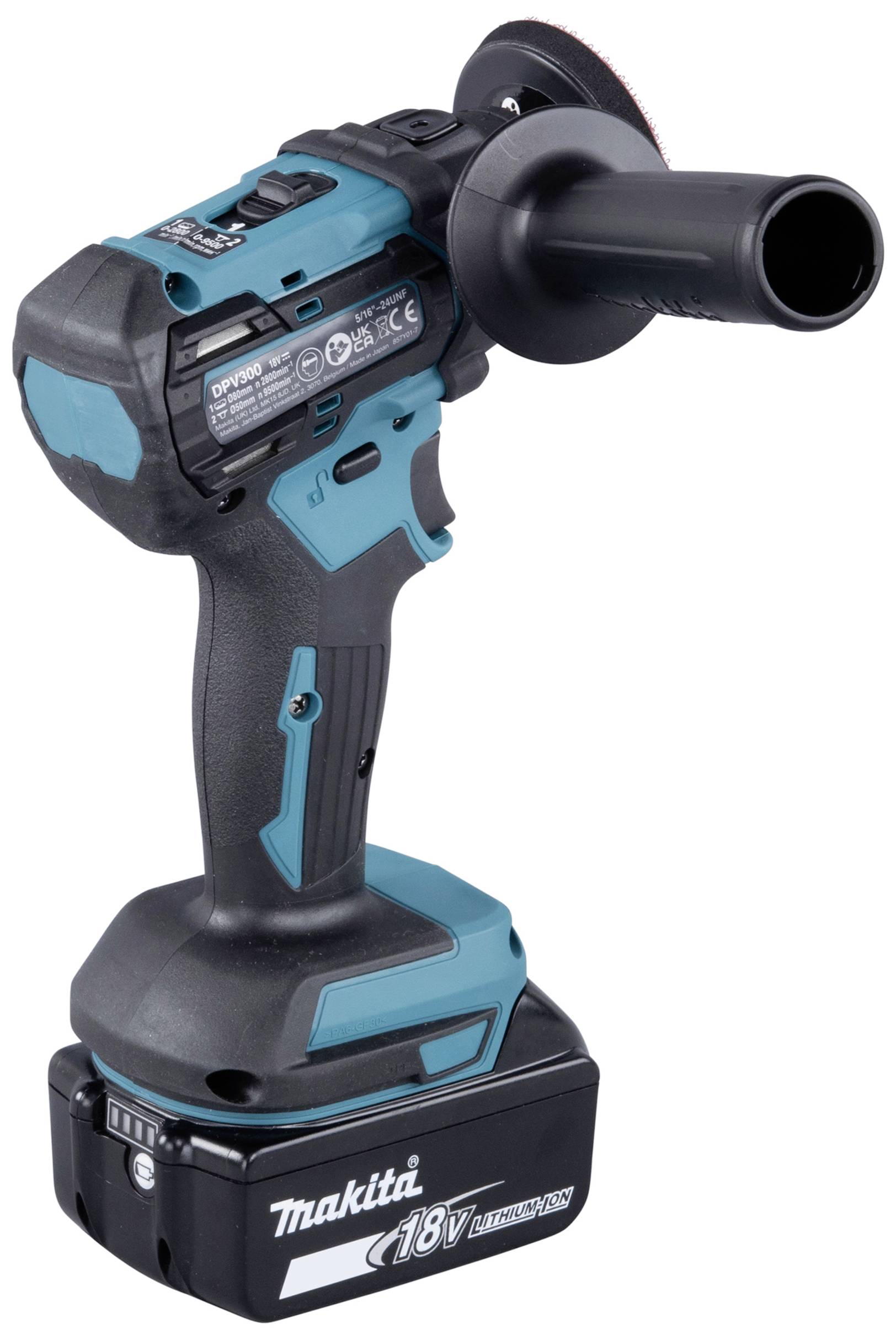 Kabellose, blaue Schleifmaschine von Makita mit Griff und 18V-Akku, ideal für Heimwerkerarbeiten auf einer Baustelle.