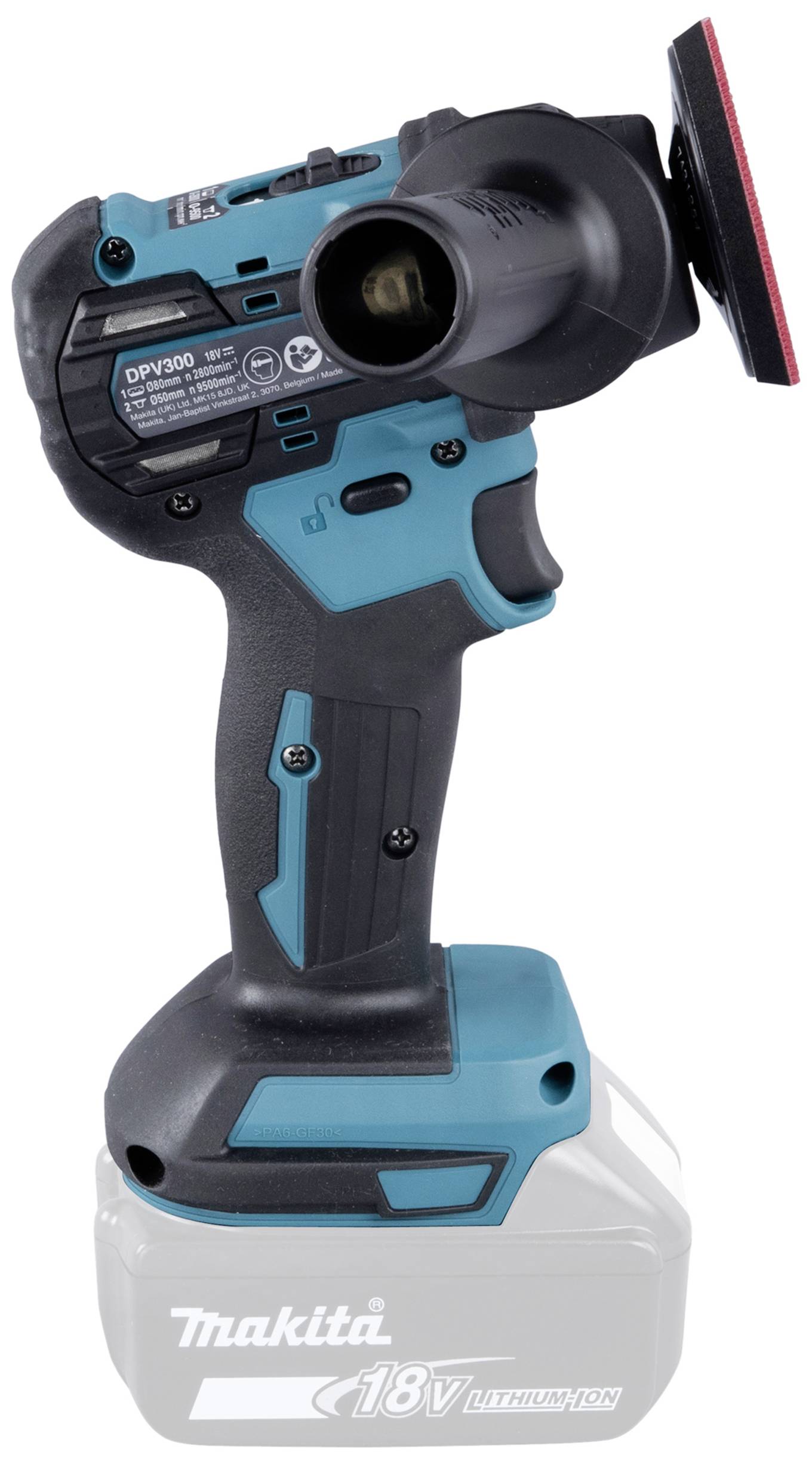 Kabelloses 18V-Schleifgerät von Makita, aufrecht stehend, mit schwarzem und türkisfarbenem Gehäuse.