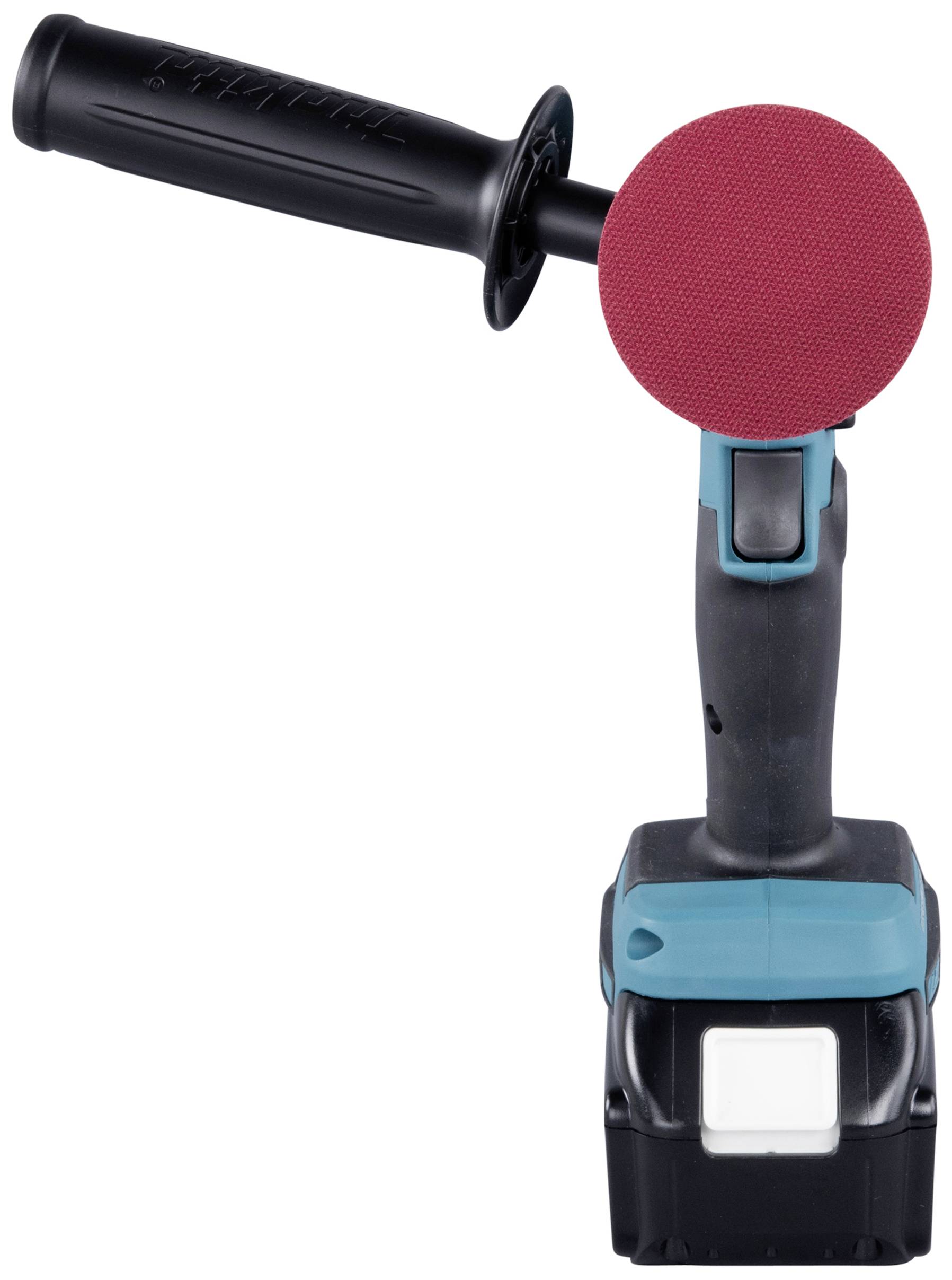 Akkubetriebene Poliermaschine mit rotem Polierpad und seitlichem Haltegriff.