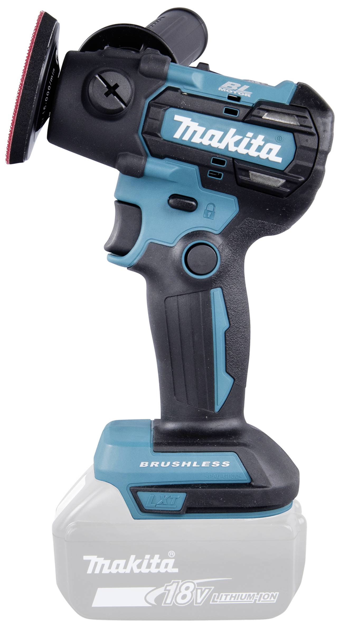 Akku-Schleifgerät mit blau-schwarzem Gehäuse und bürstenlosem Motor, vertikaler Griff und runder Schleifscheibe, Marke 'Makita'.