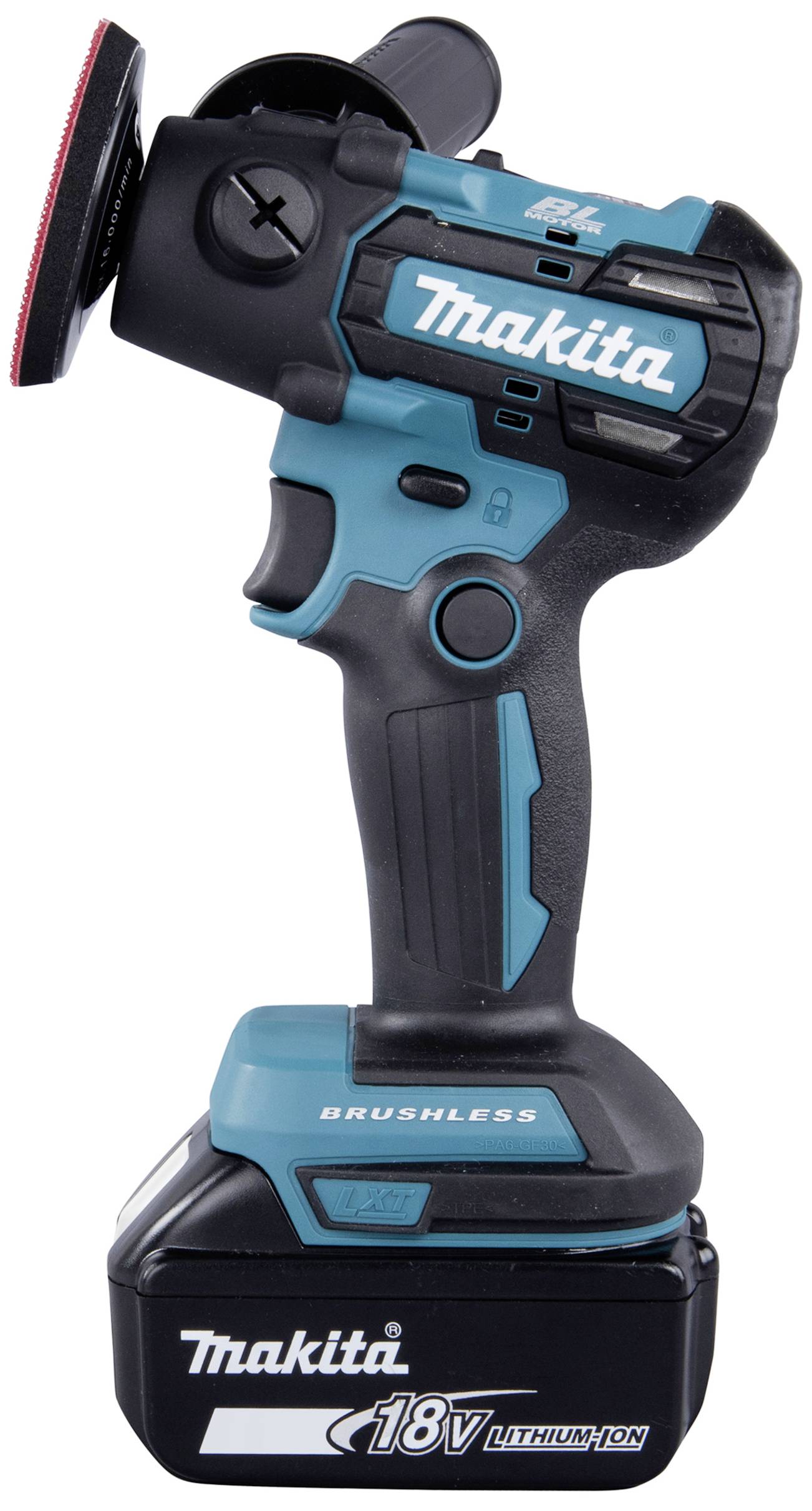 Ein kabelloses, bürstenloses Handgerät von Makita für Schleif- oder Polierarbeiten, betrieben mit einem 18V Lithium-Ionen-Akku.