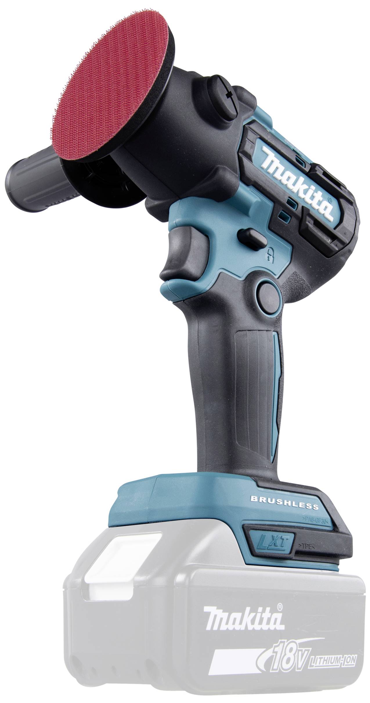 Akkubetriebene Winkelschleifer mit roter Schleifscheibe, blau-schwarzem Gehäuse, zeigt 'Makita' Logo, ohne eingesetzte Batterie.