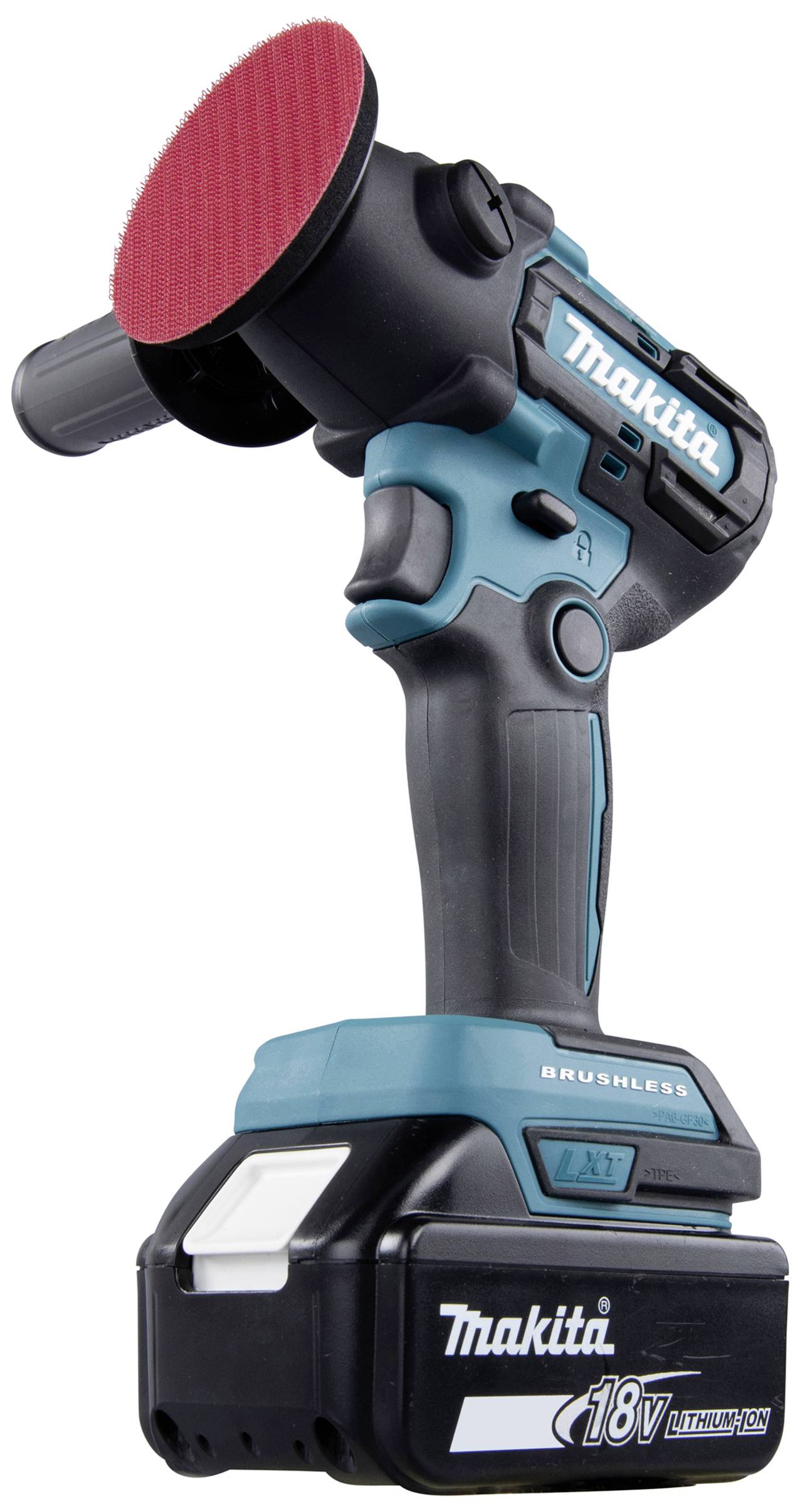 Akkubetriebene Exzenterschleifmaschine von Makita mit 18V Lithium-Ionen Akku und rotem Schleifpapieraufsatz.