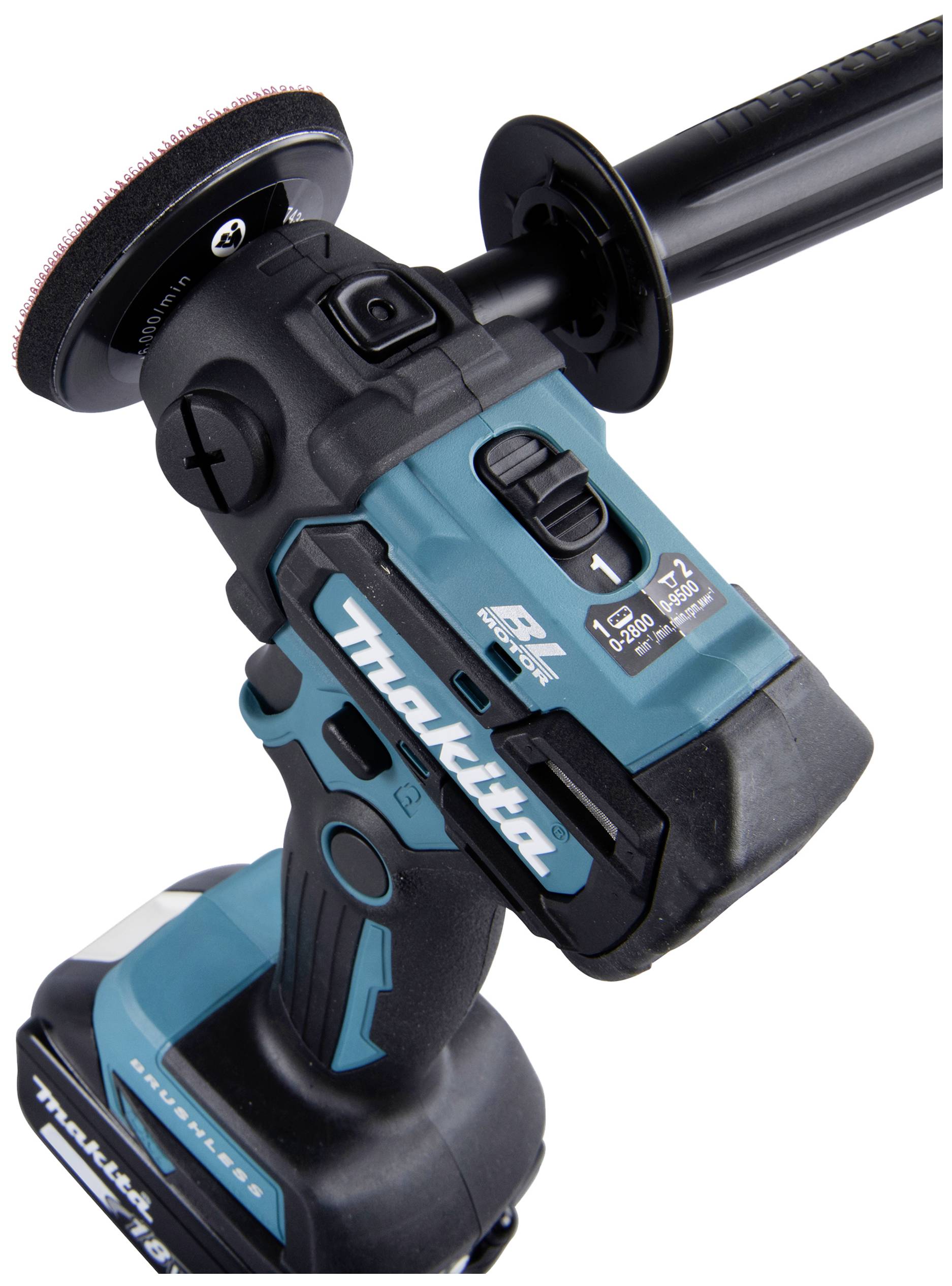 Akku-Winkelschleifer in Blau und Schwarz, Markenname seitlich sichtbar, mit abnehmbarem Griff und Schleifscheibe.