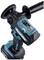 Akku-Winkelschleifer in Blau und Schwarz, Markenname seitlich sichtbar, mit abnehmbarem Griff und Schleifscheibe.