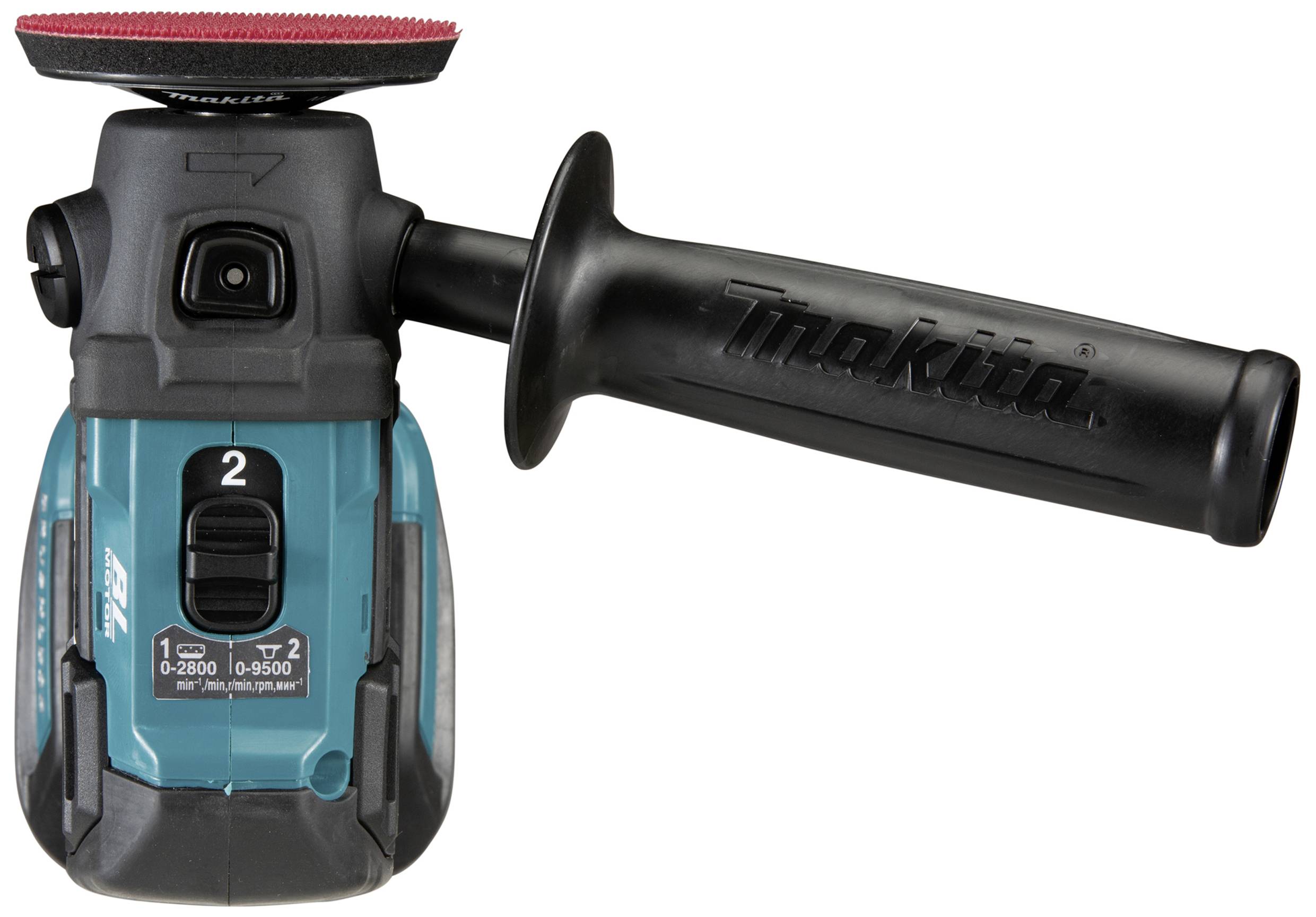 Poliermaschine mit einem seitlichen Griff und Aufsatz. Die Bedienelemente auf der Vorderseite zeigen zwei Geschwindigkeitsmodi.